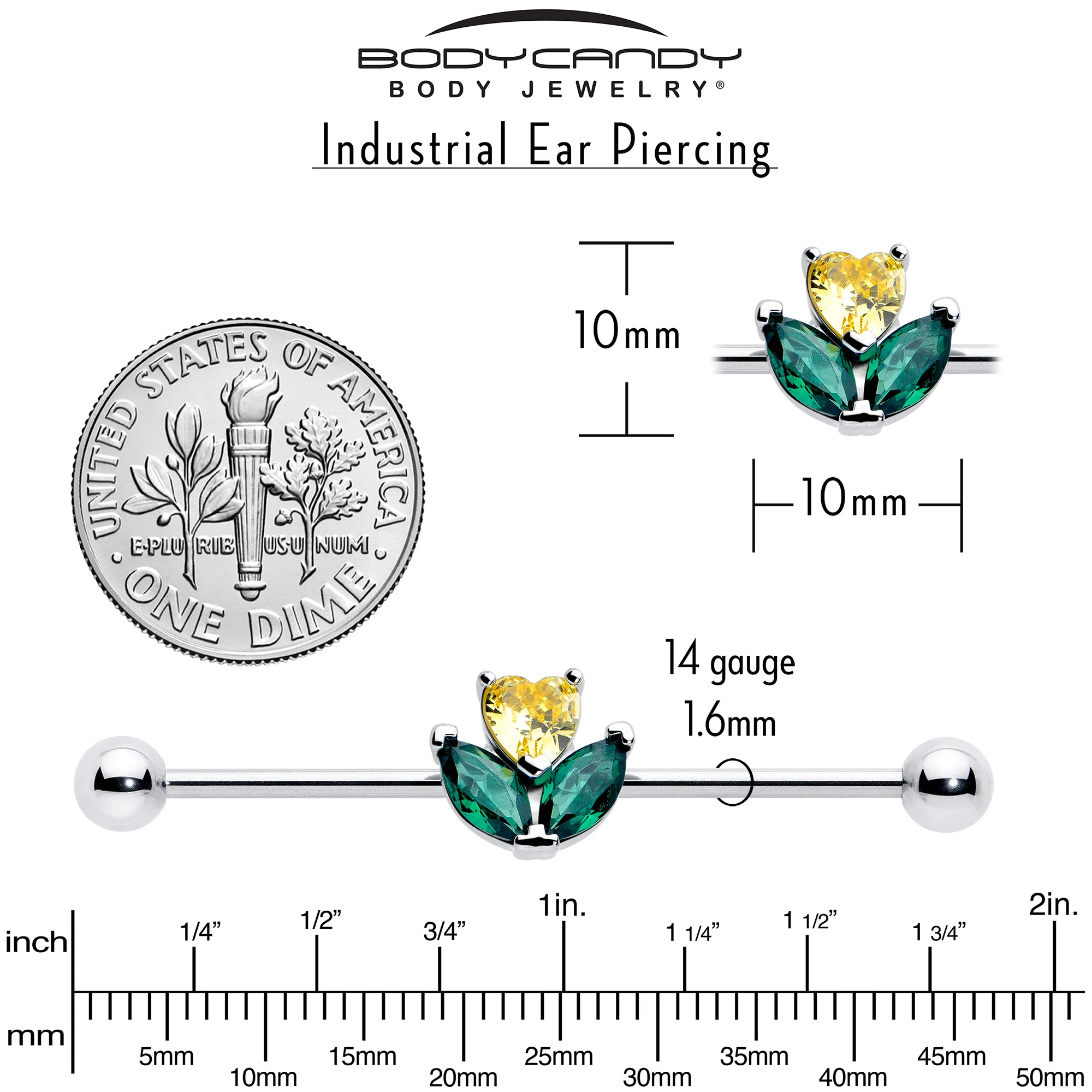 14G Yellow Green CZ Gem Love Flower Industrial Barbell 38mm - Image 5