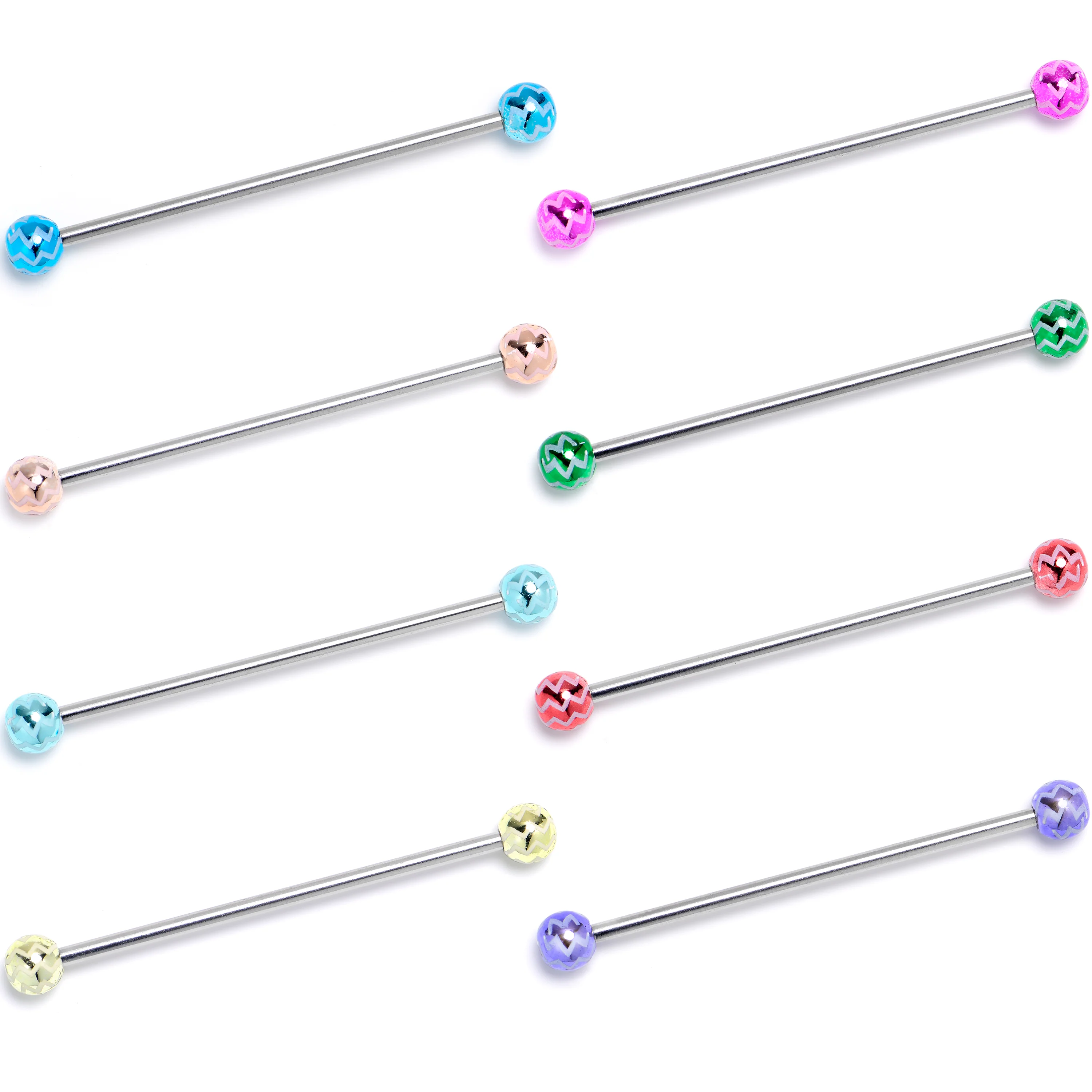 14G Zigzag Multicolor Ends Industrial Barbell 38mm Set of 8