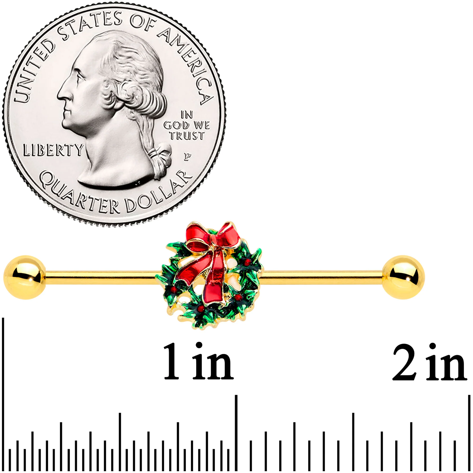 14 Gold Tone Festive Wreath Bow Christmas Industrial Barbell 38mm - Image 2