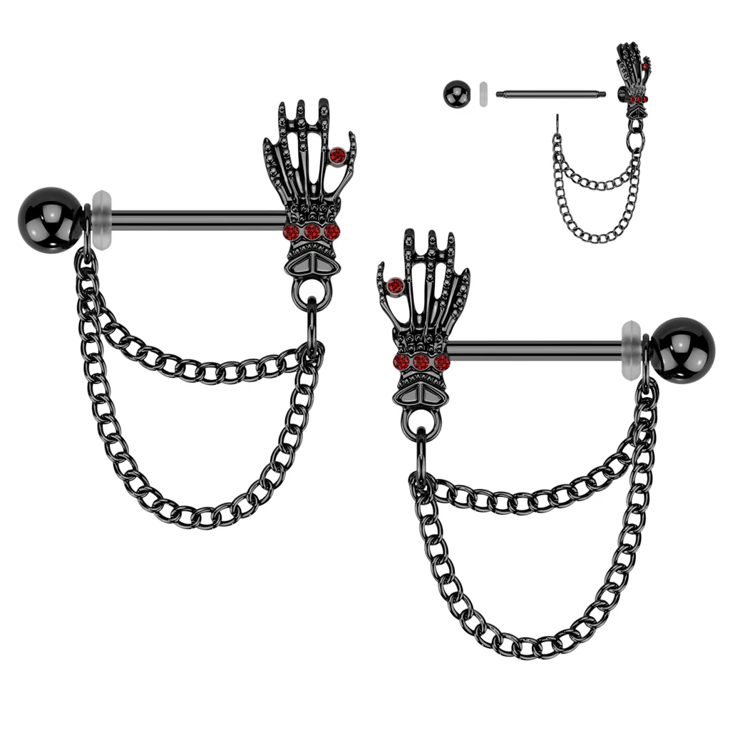 14G 1/2 Red CZ Gem Black Skeleton Hand Chain Dangle Nipple Ring Set
