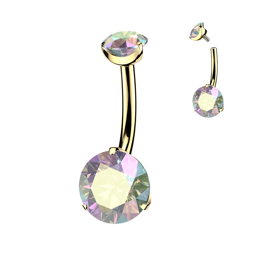 14G 24k Gold Implant Grade Titanium CZ Dual Hearts Internally Threaded Belly Ring - Image 2