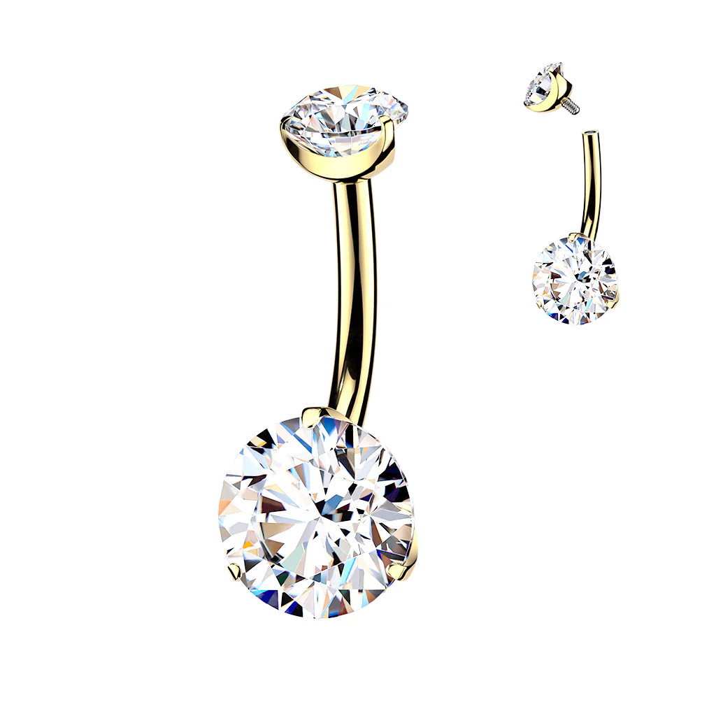 14G 24k Gold Implant Grade Titanium CZ Dual Hearts Internally Threaded Belly Ring - Image 3