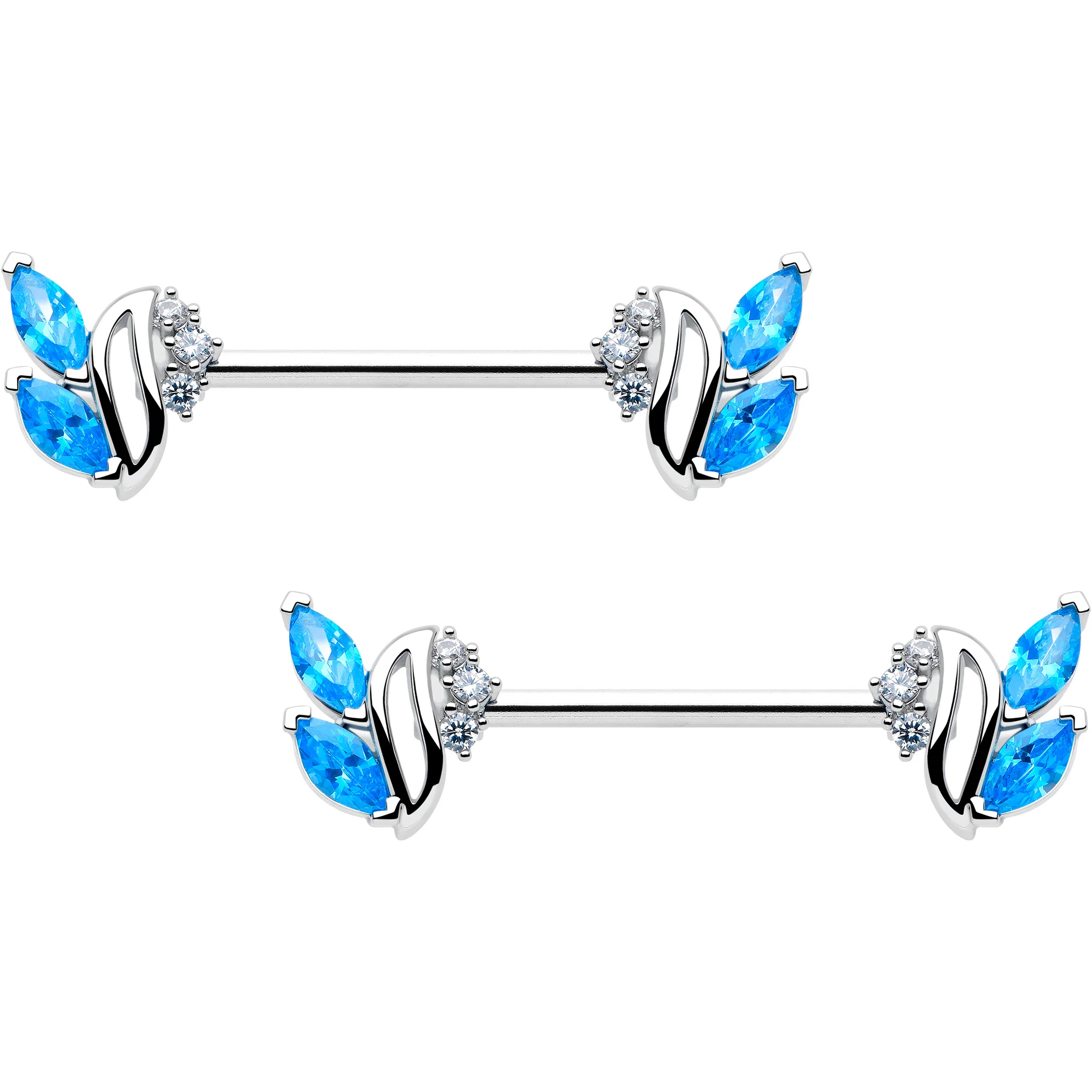 14G 9/16 Blue Clear CZ Gem Swirl Fan Barbell Nipple Ring Set