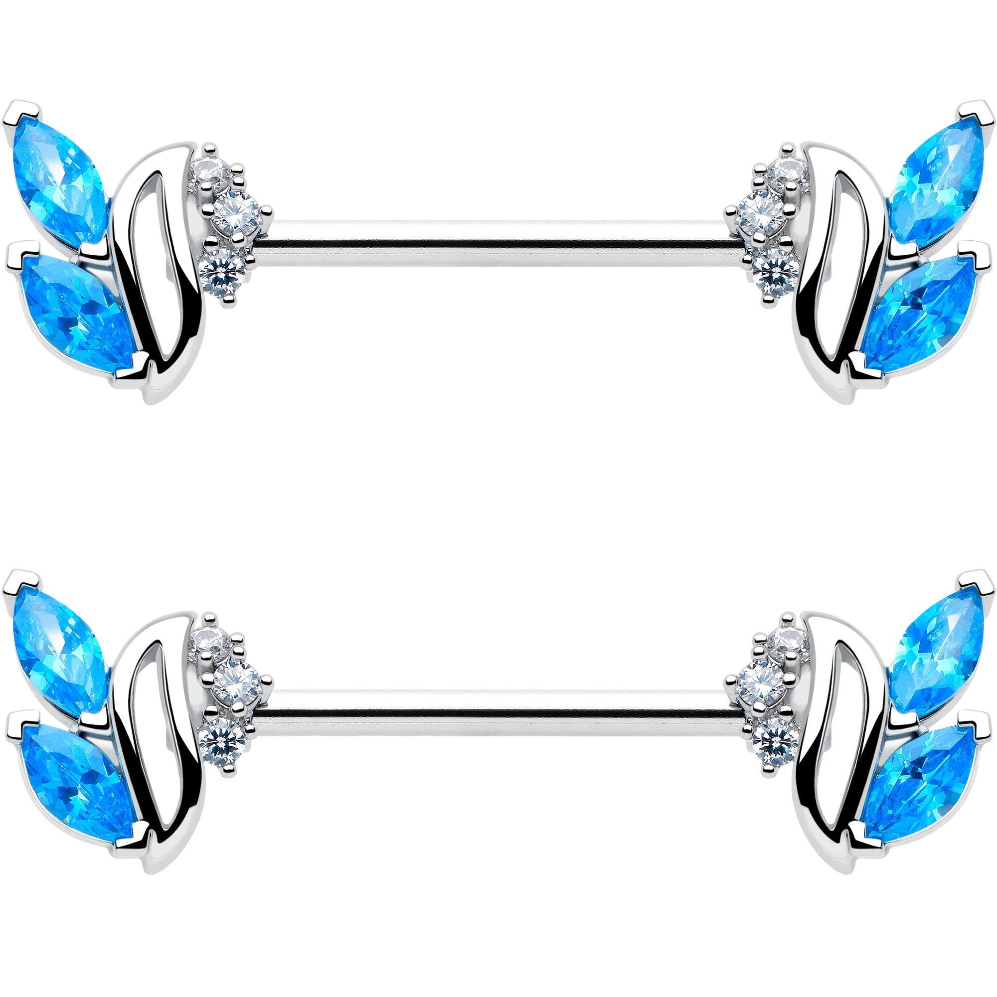 14G 9/16 Blue Clear CZ Gem Swirl Fan Barbell Nipple Ring Set - Image 3