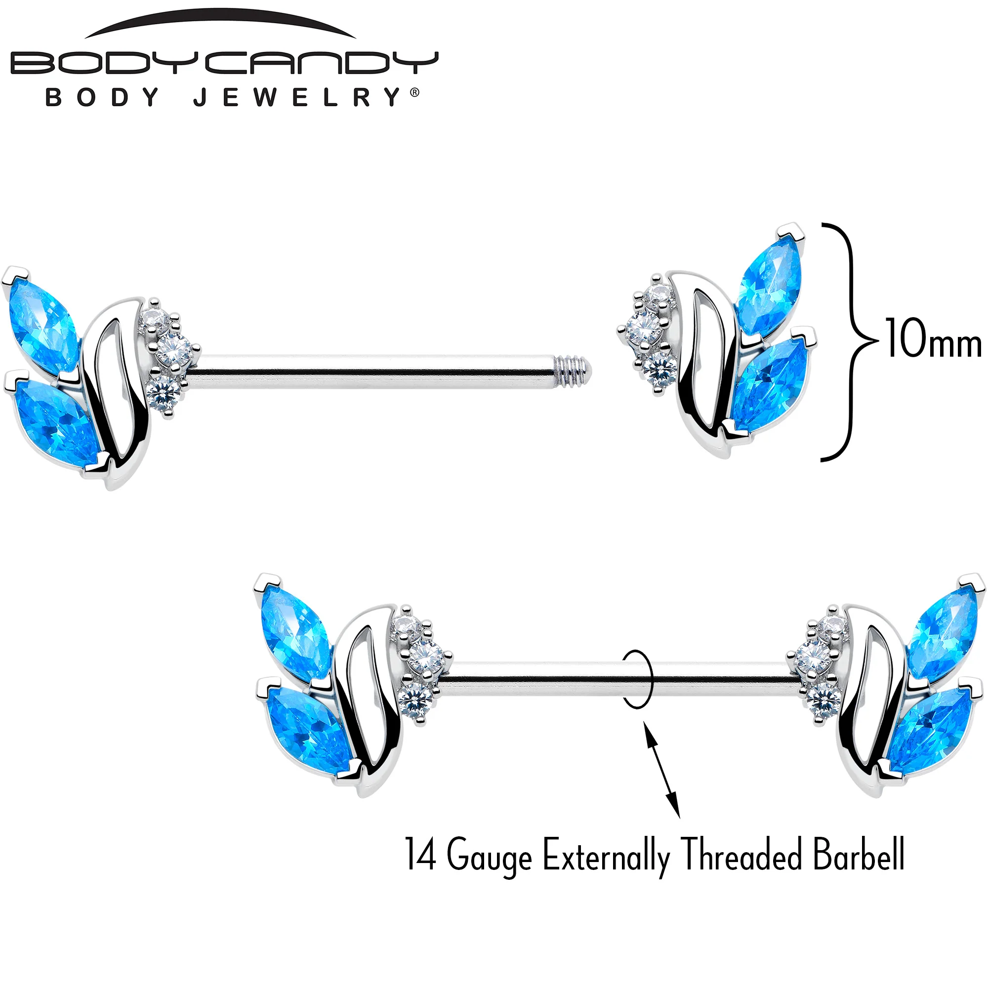 14G 9/16 Blue Clear CZ Gem Swirl Fan Barbell Nipple Ring Set - Image 4