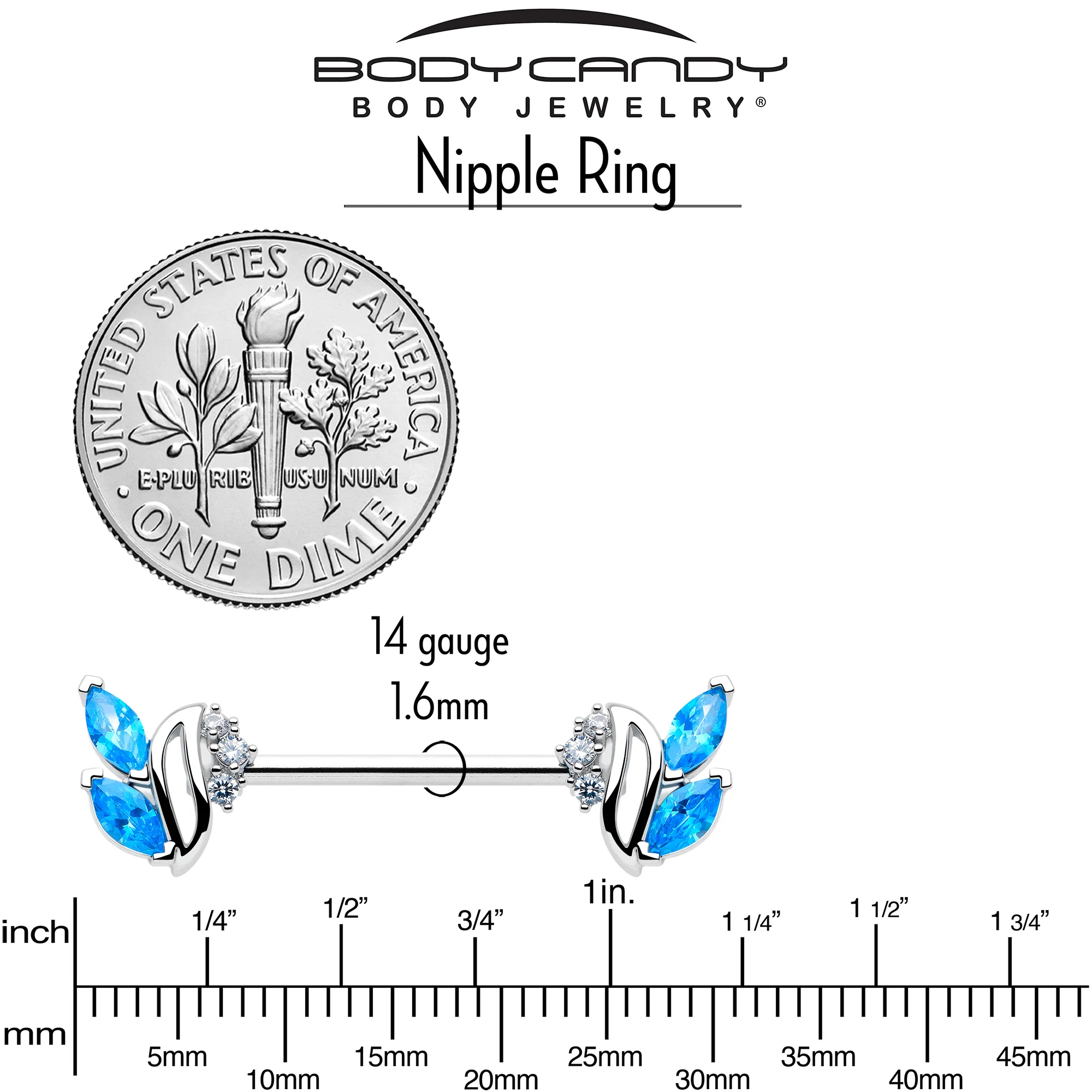 14G 9/16 Blue Clear CZ Gem Swirl Fan Barbell Nipple Ring Set - Image 5
