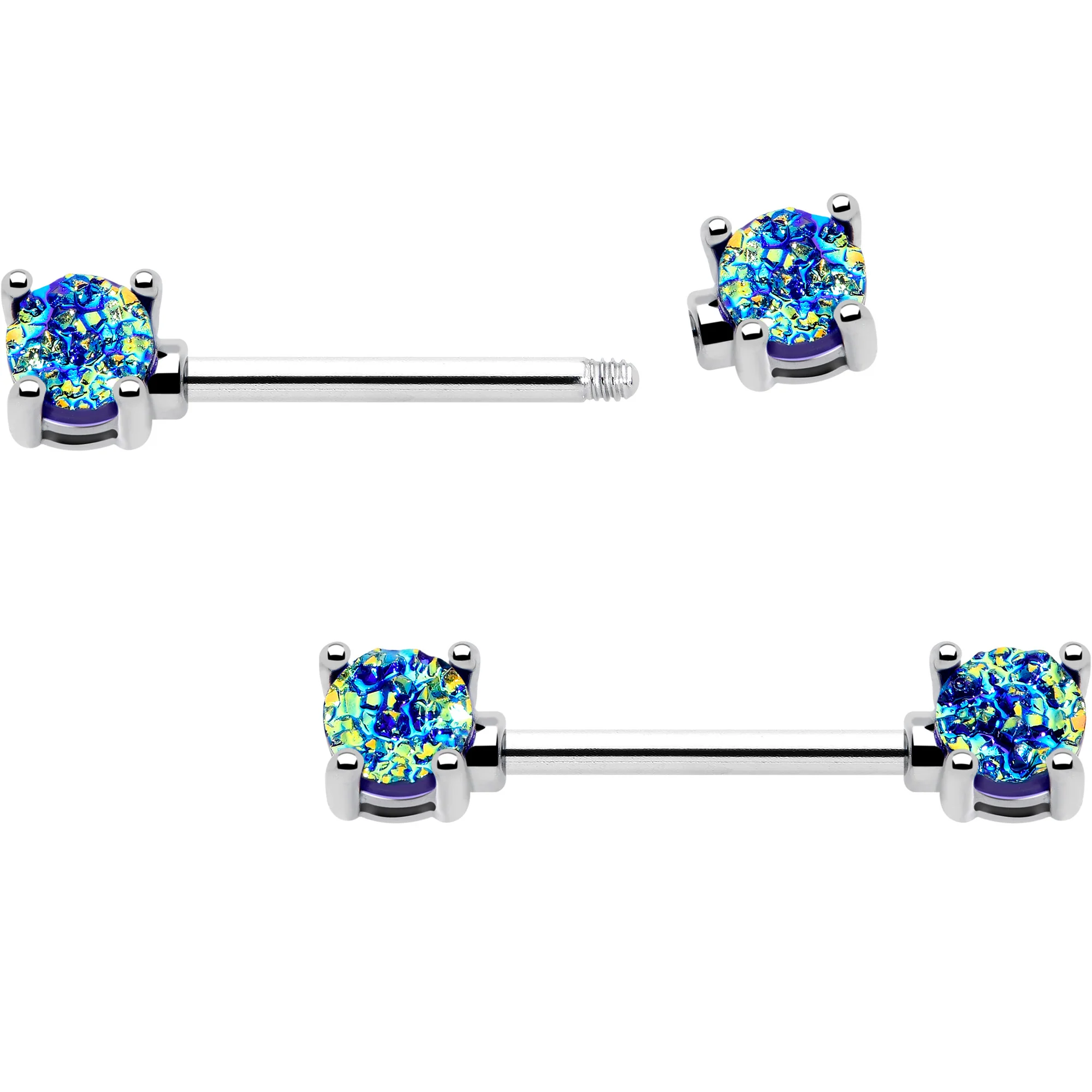 14G 9/16 Blue Faux Opal Forward Facing Barbell Nipple Ring Set - Image 2