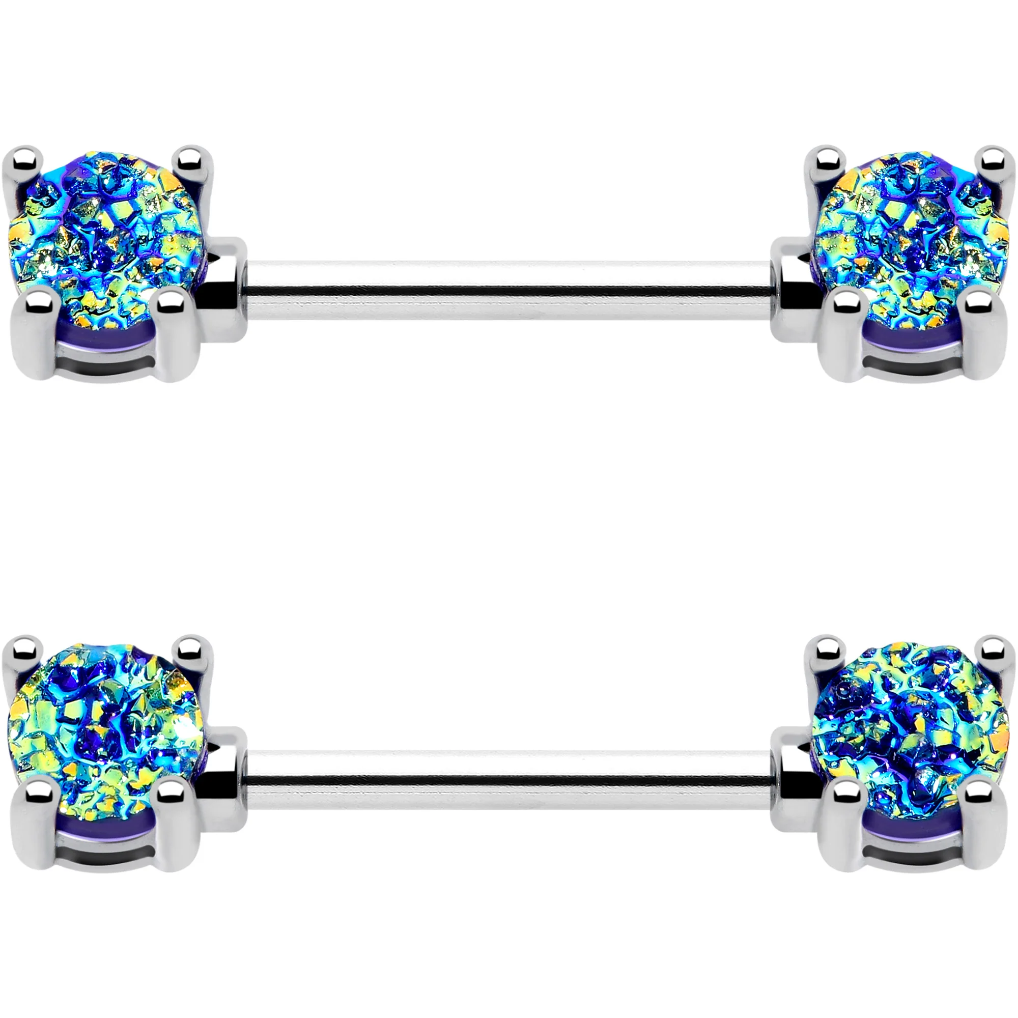 14G 9/16 Blue Faux Opal Forward Facing Barbell Nipple Ring Set - Image 3