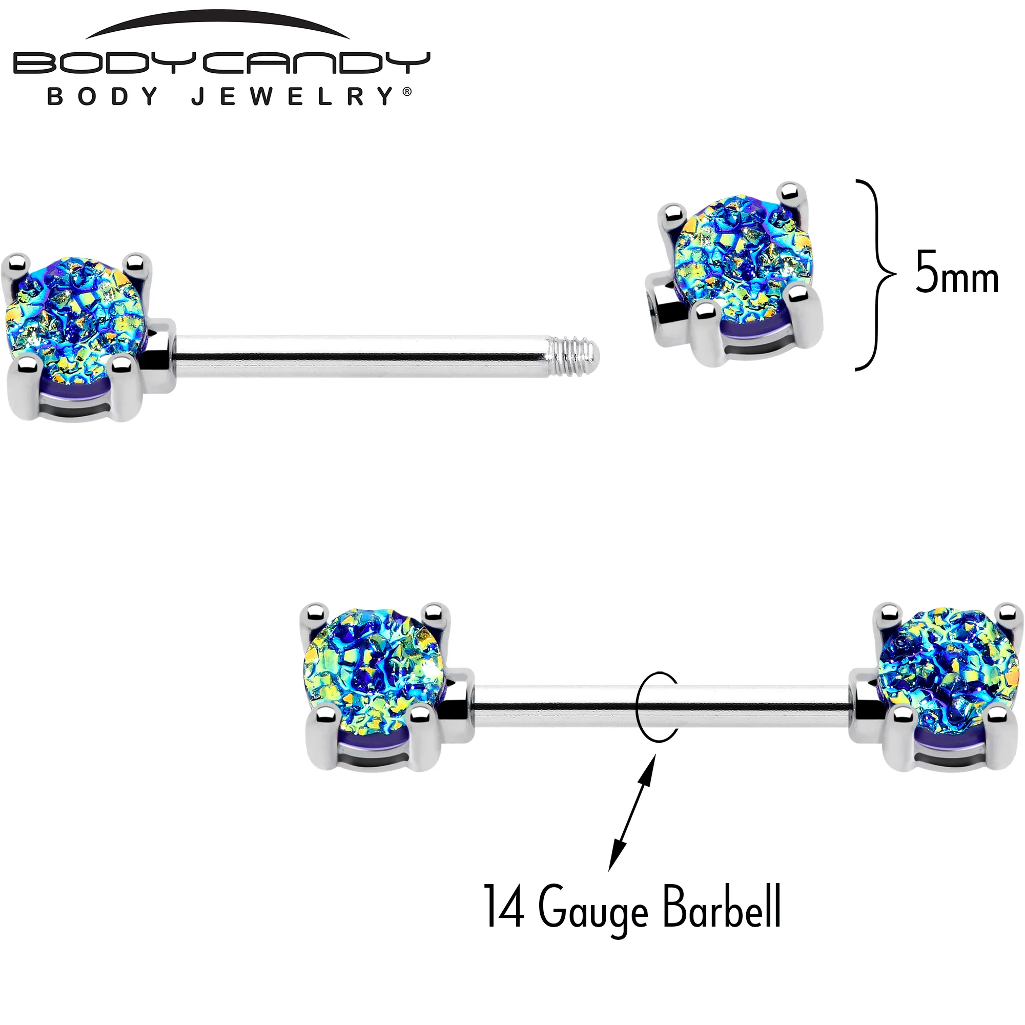 14G 9/16 Blue Faux Opal Forward Facing Barbell Nipple Ring Set - Image 4