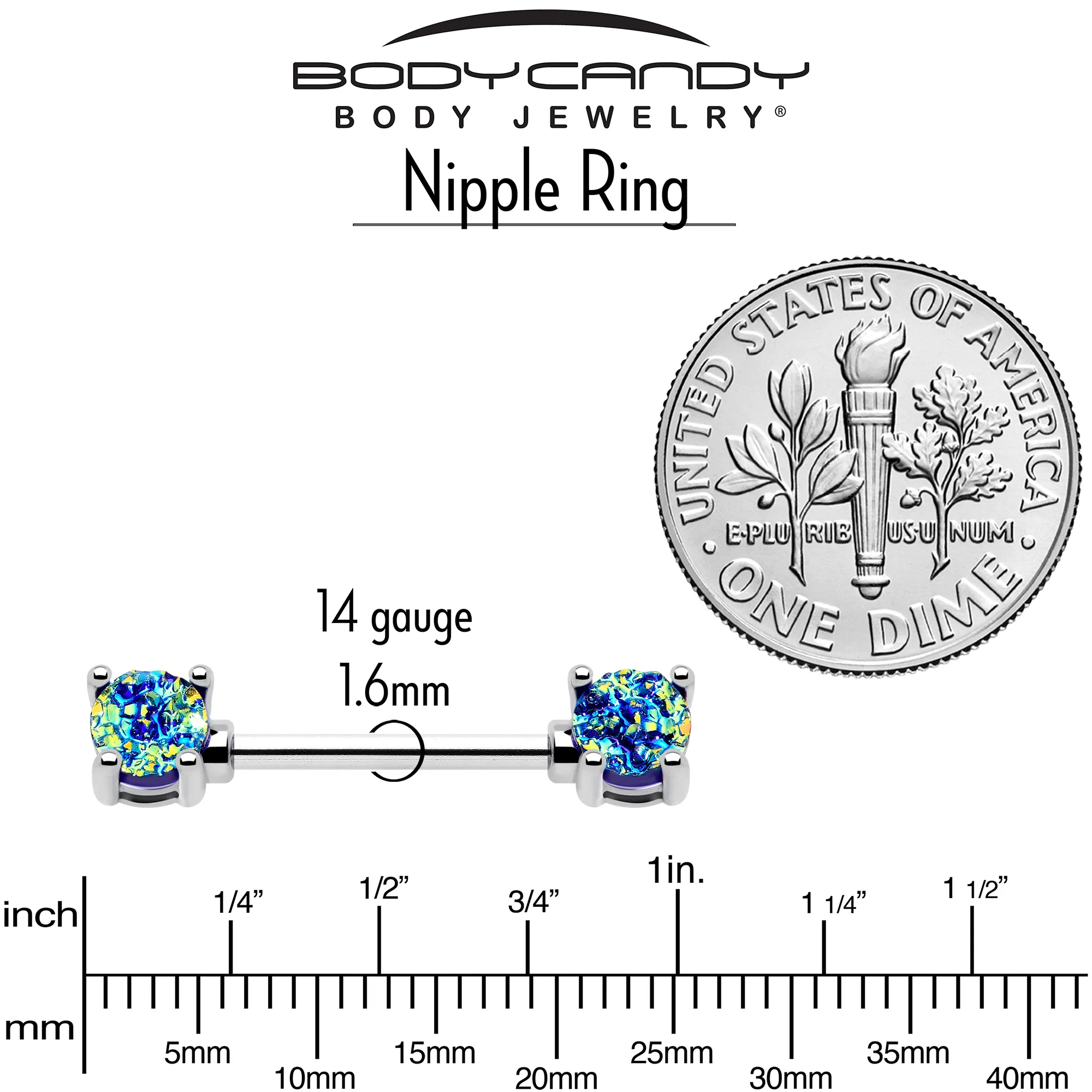 14G 9/16 Blue Faux Opal Forward Facing Barbell Nipple Ring Set - Image 5