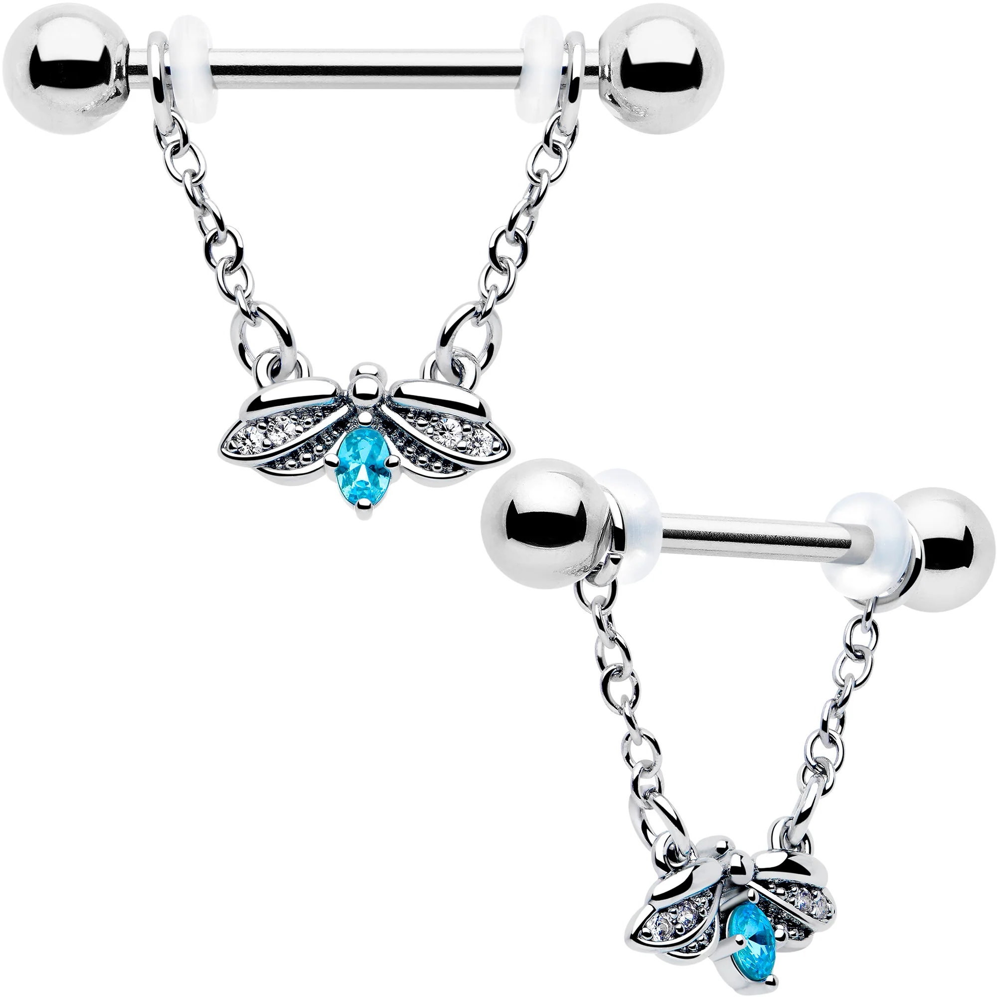 14G 9/16 Blue Gem Beauty Bug Chain Dangle Nipple Ring Set