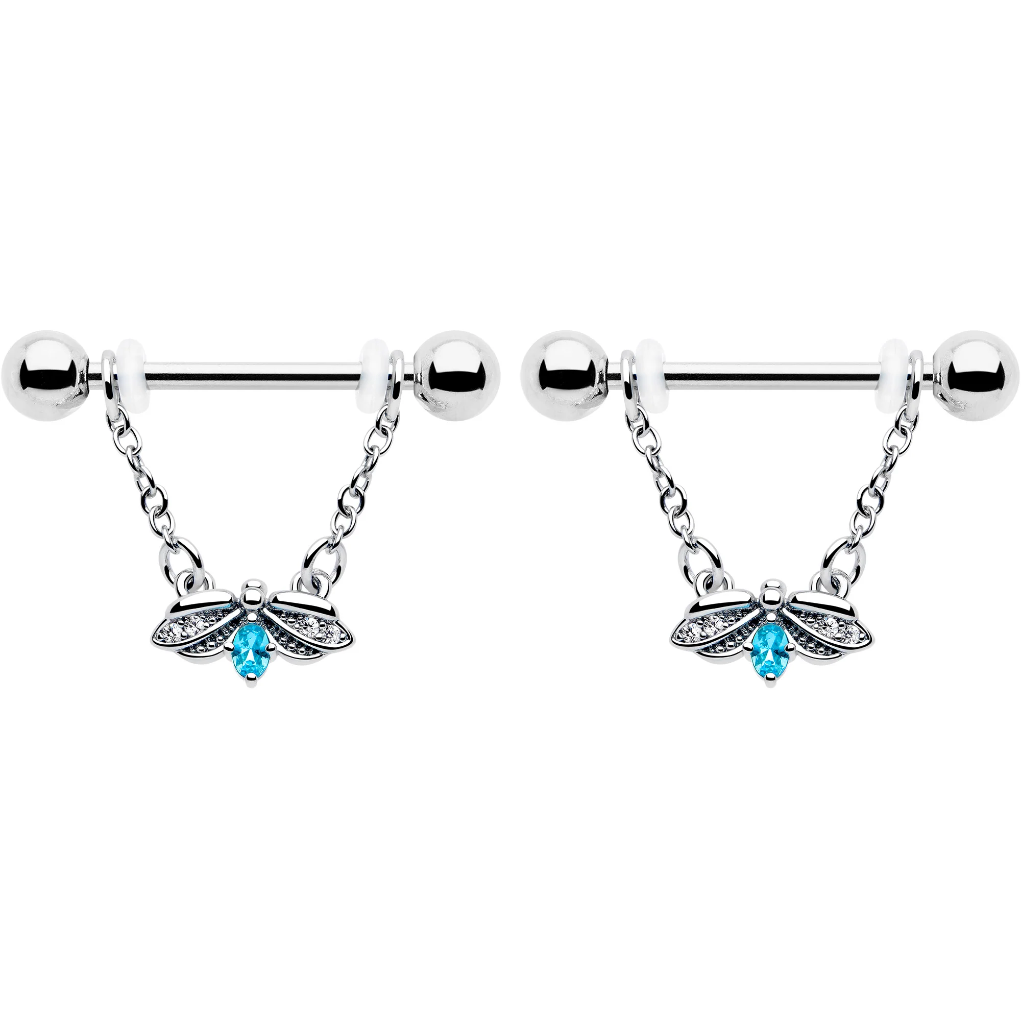 14G 9/16 Blue Gem Beauty Bug Chain Dangle Nipple Ring Set - Image 2