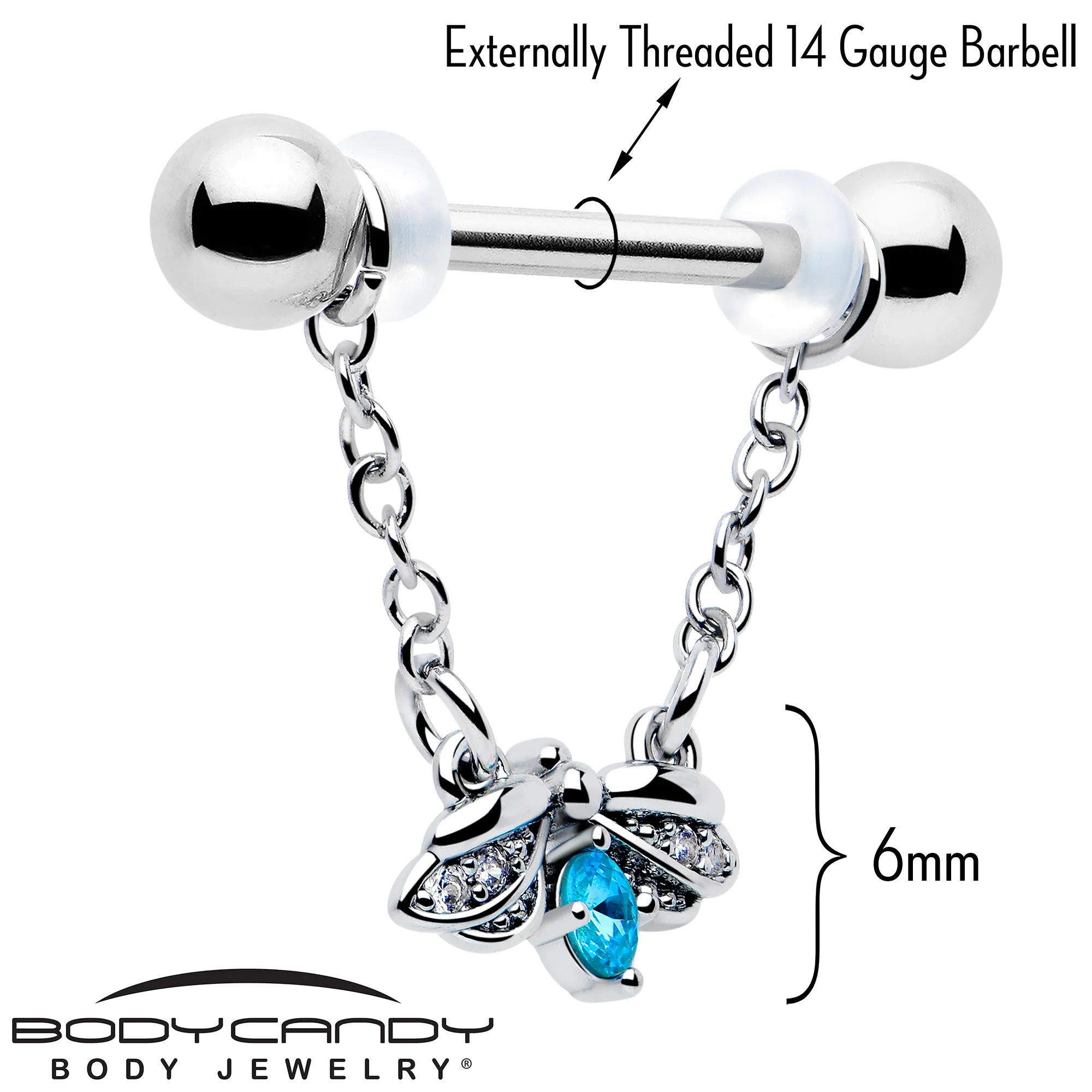 14G 9/16 Blue Gem Beauty Bug Chain Dangle Nipple Ring Set - Image 3