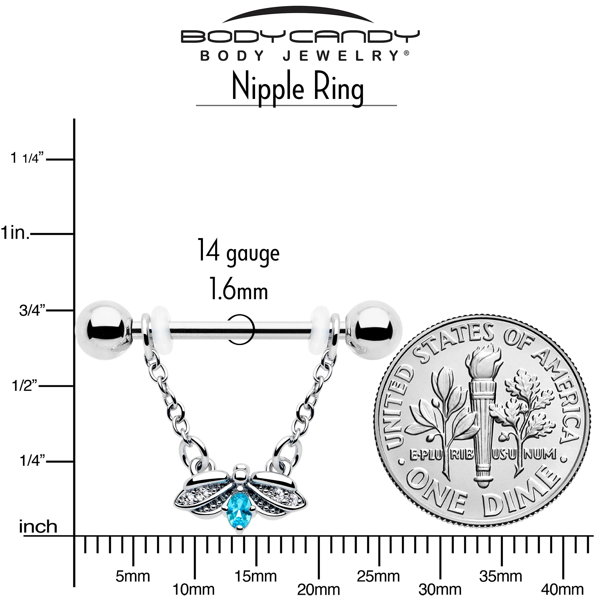 14G 9/16 Blue Gem Beauty Bug Chain Dangle Nipple Ring Set - Image 4