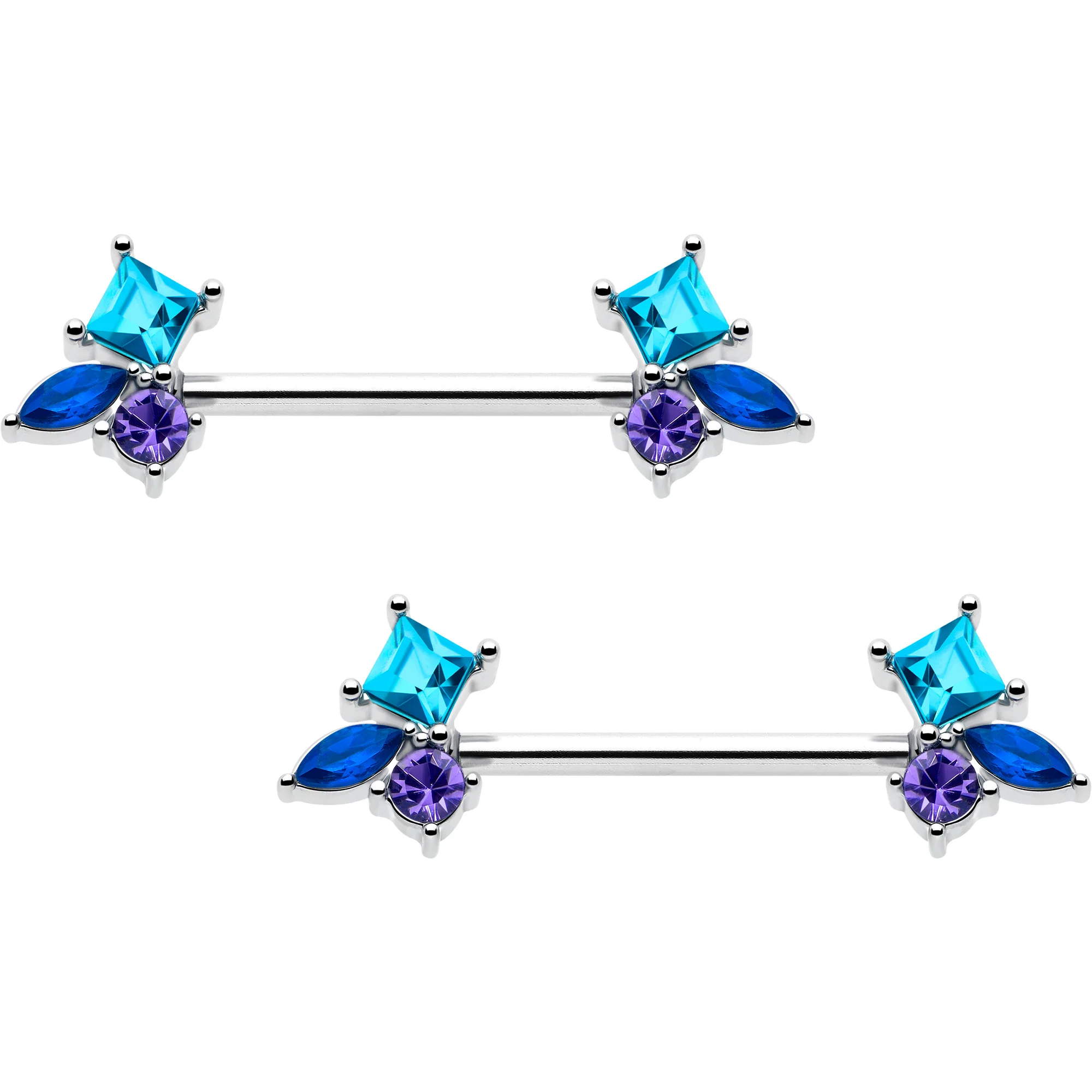 14G 9/16 Blue Purple CZ Gem All The Blues Barbell Nipple Ring Set