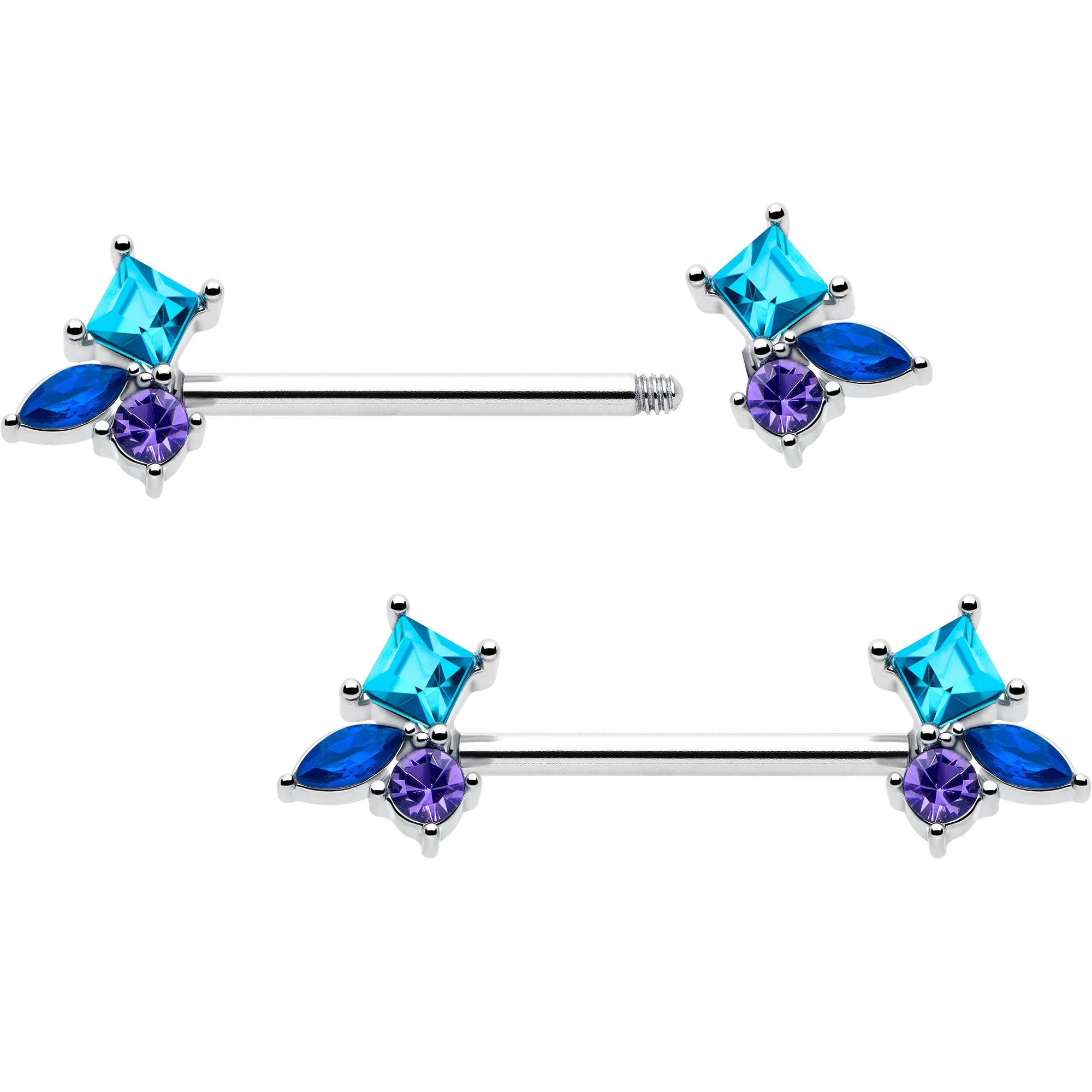 14G 9/16 Blue Purple CZ Gem All The Blues Barbell Nipple Ring Set - Image 2