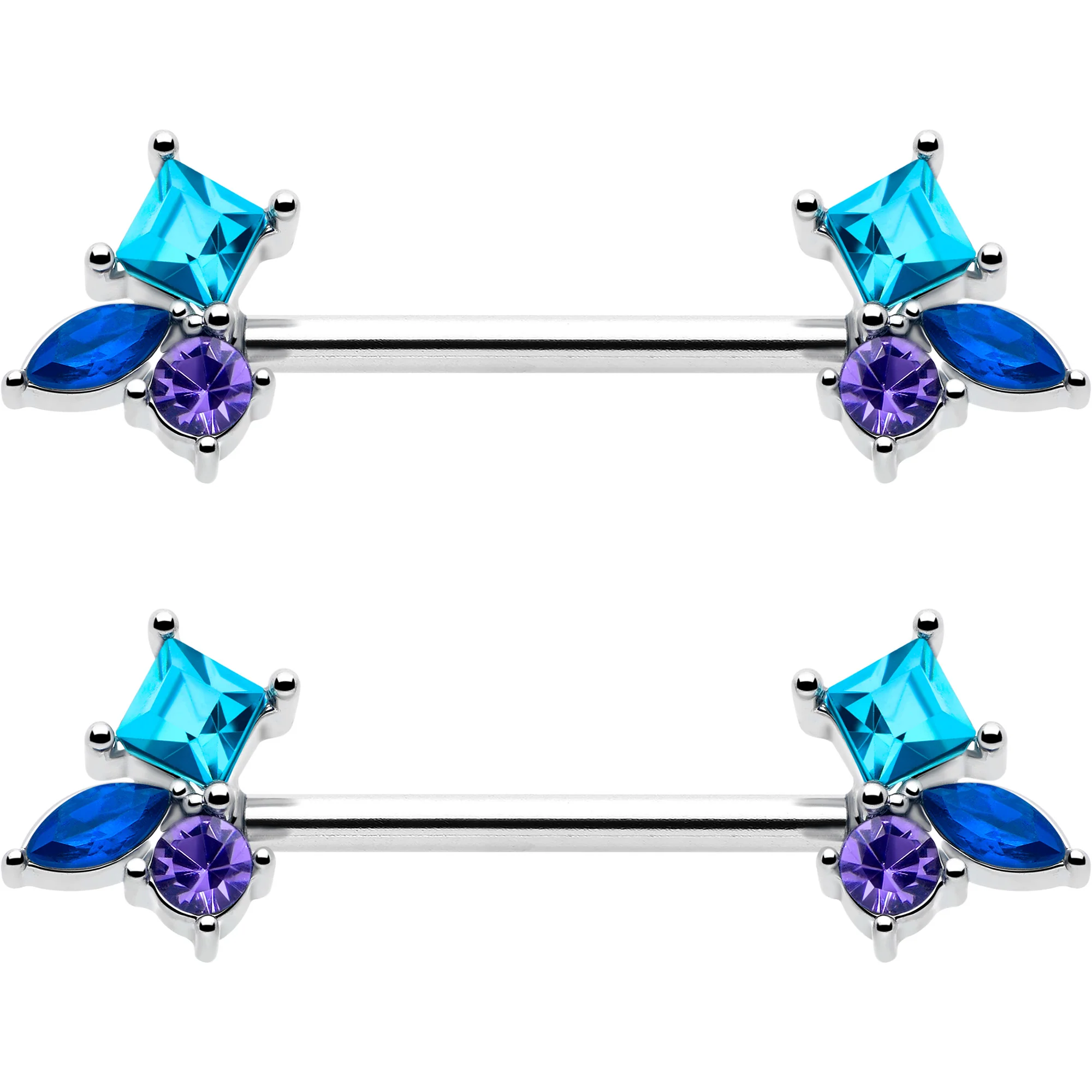 14G 9/16 Blue Purple CZ Gem All The Blues Barbell Nipple Ring Set - Image 3