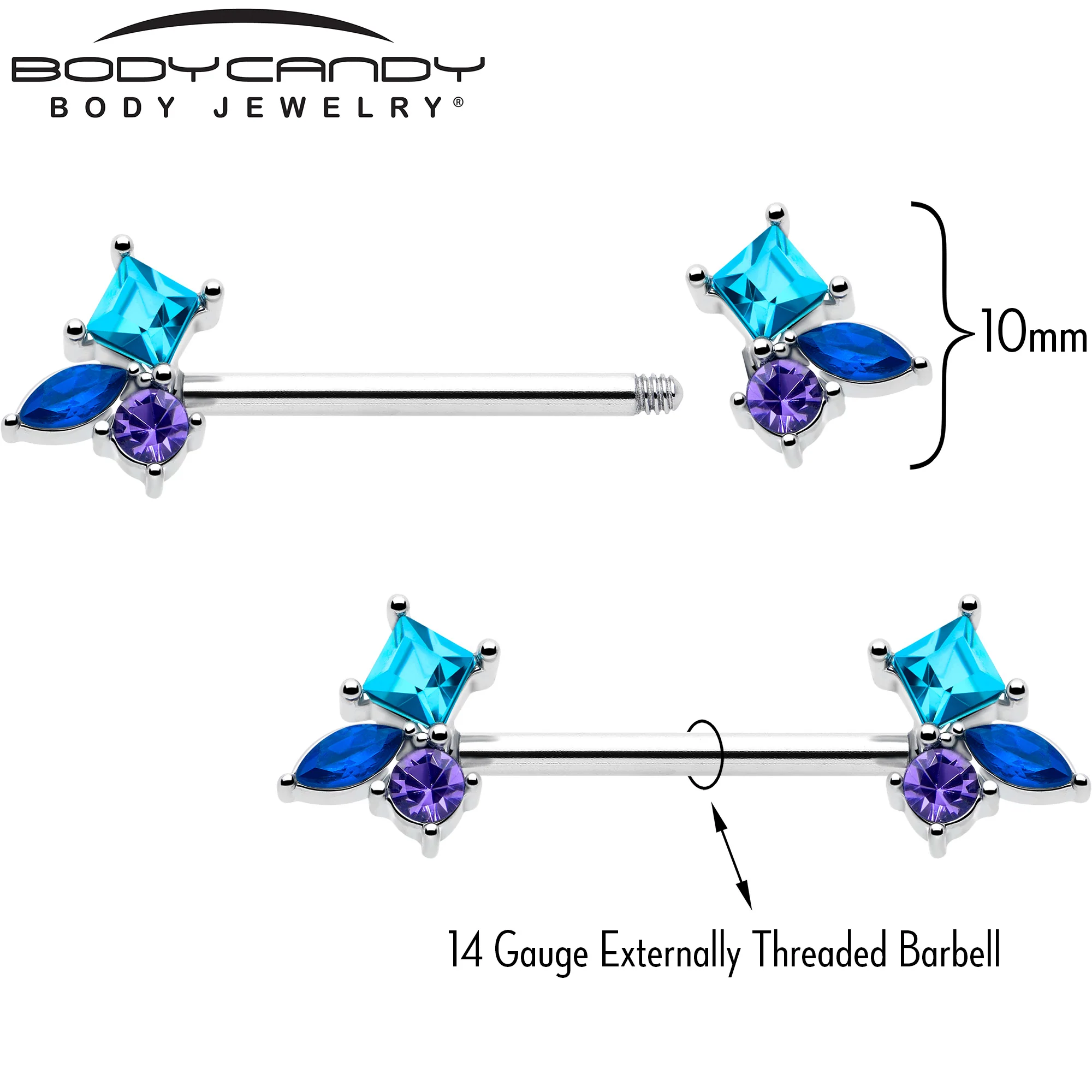 14G 9/16 Blue Purple CZ Gem All The Blues Barbell Nipple Ring Set - Image 4