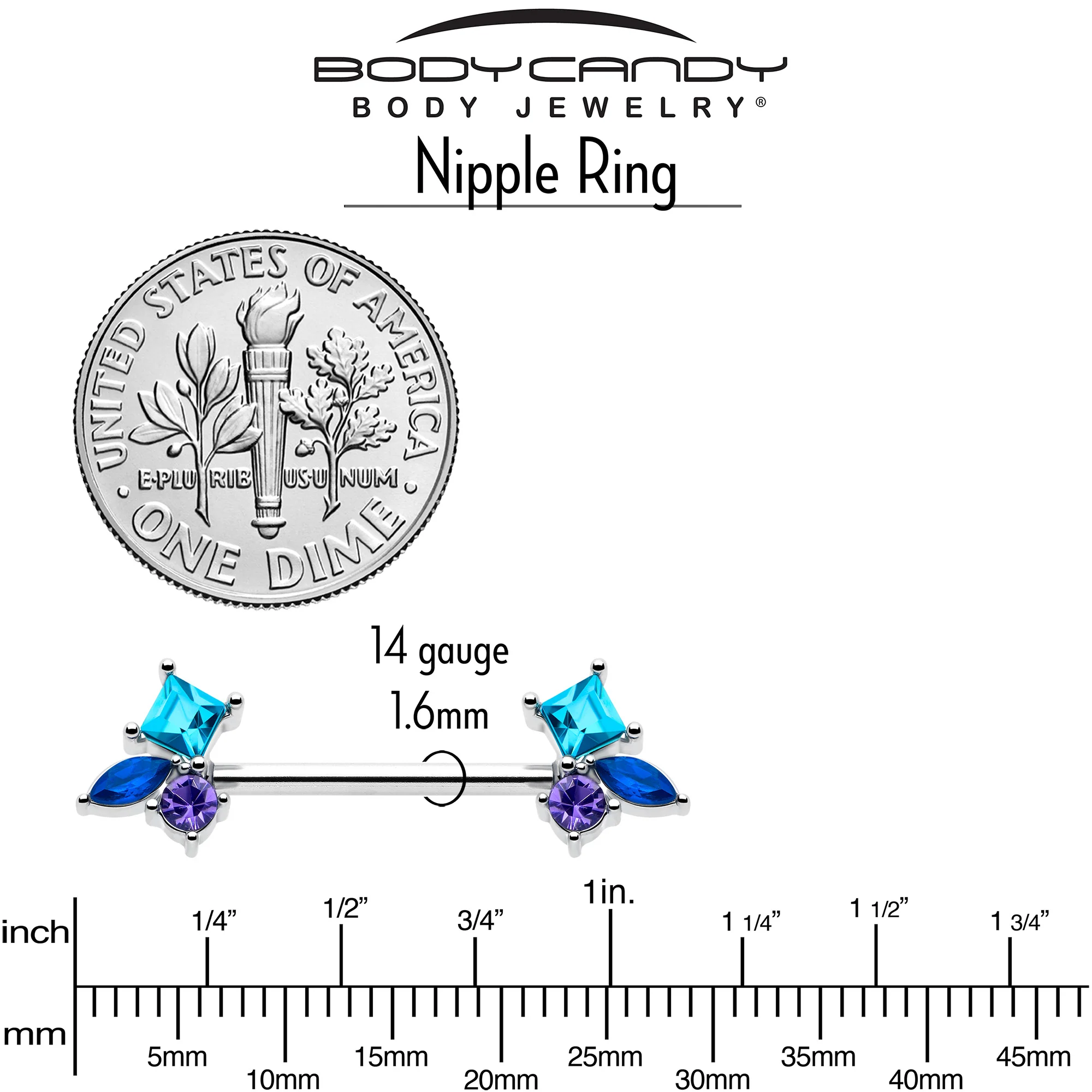 14G 9/16 Blue Purple CZ Gem All The Blues Barbell Nipple Ring Set - Image 5