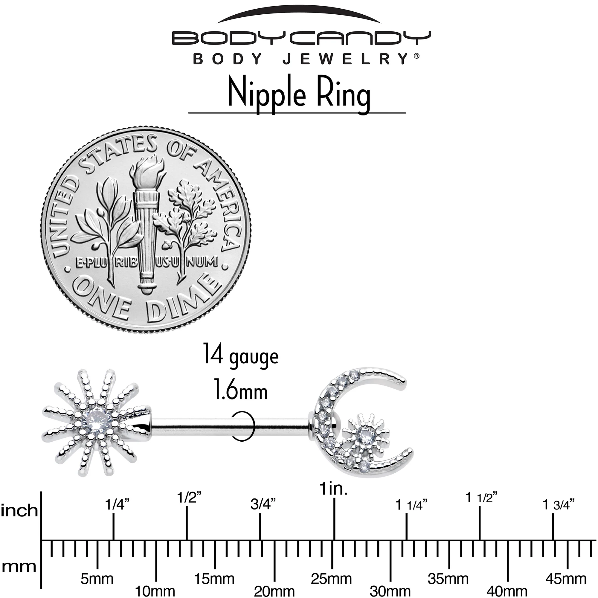 14G 9/16 Clear CZ Gem Day And Night Barbell Nipple Ring Set - Image 5