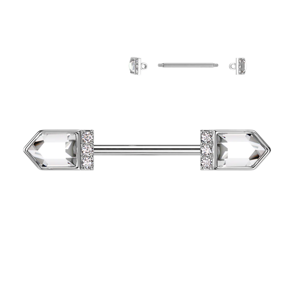 14G 9/16 Clear CZ Gem Double Points Barbell Nipple Ring Set