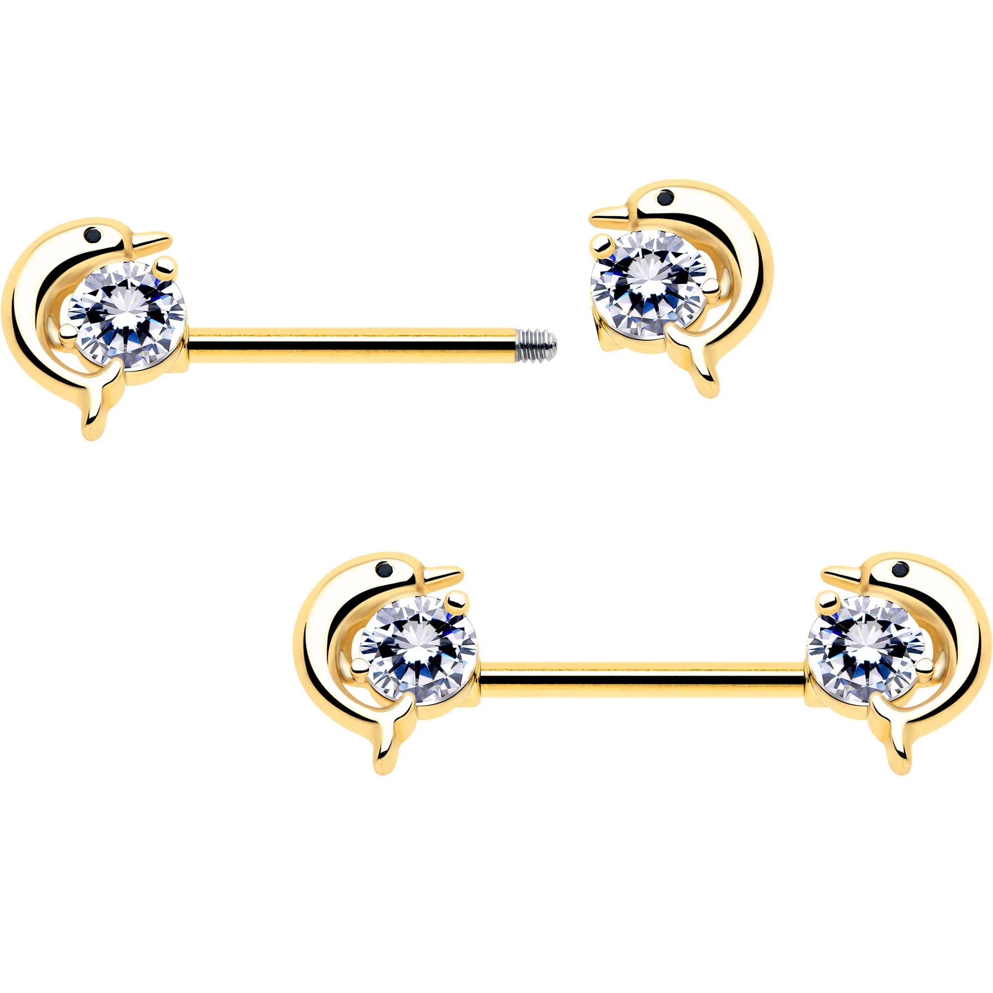 14G 9/16 Clear CZ Gem Gold Tone Dolphin Glam Barbell Nipple Ring Set - Image 2