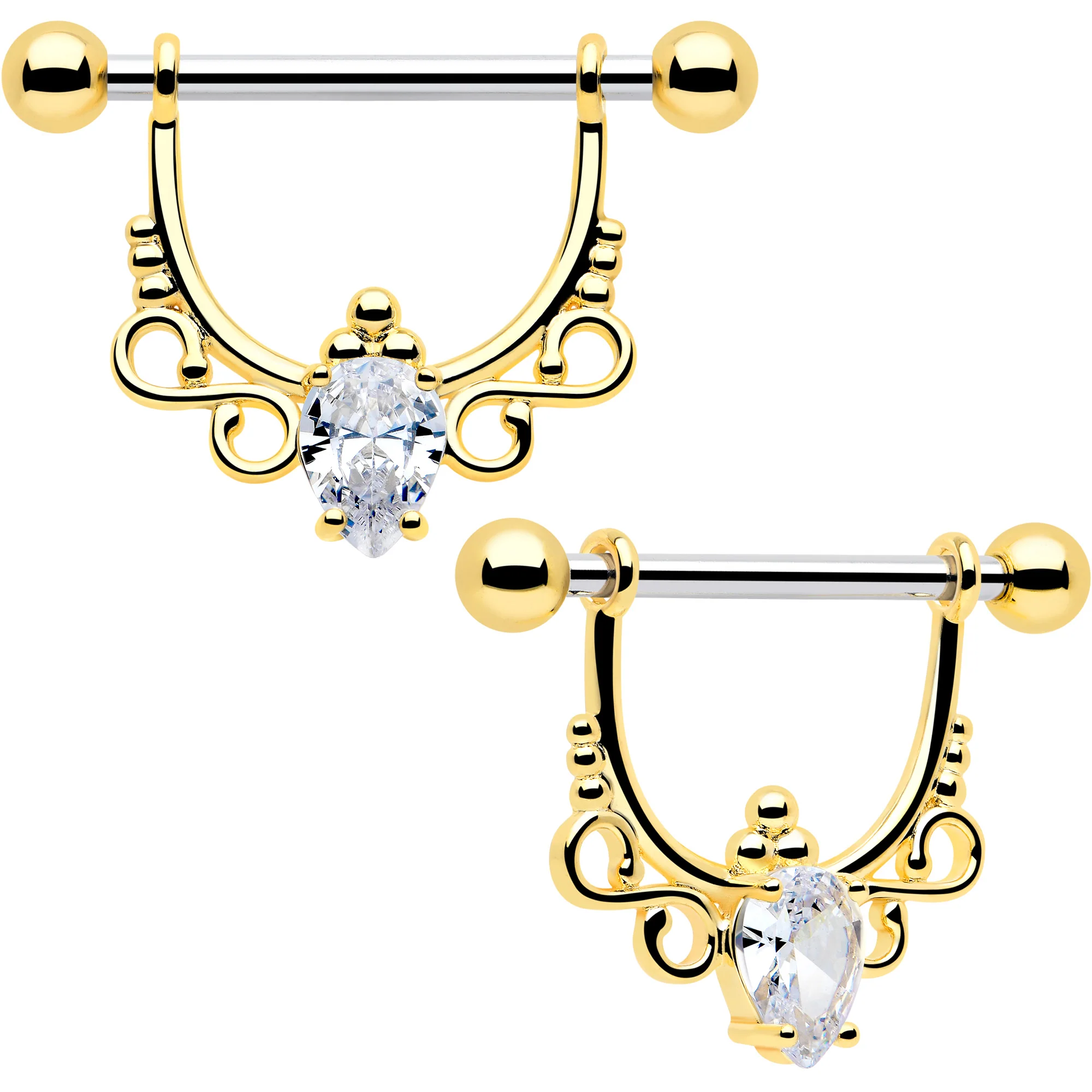 14G 9/16 Clear CZ Gem Golden Infinity Sign Dangle Nipple Ring Set
