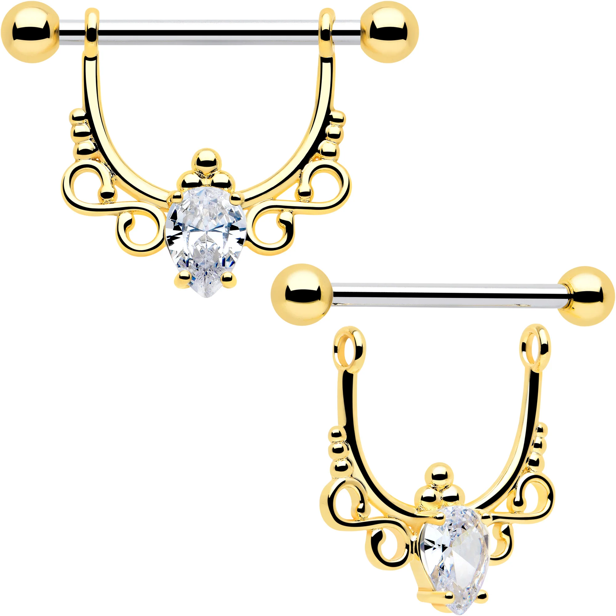 14G 9/16 Clear CZ Gem Golden Infinity Sign Dangle Nipple Ring Set - Image 2