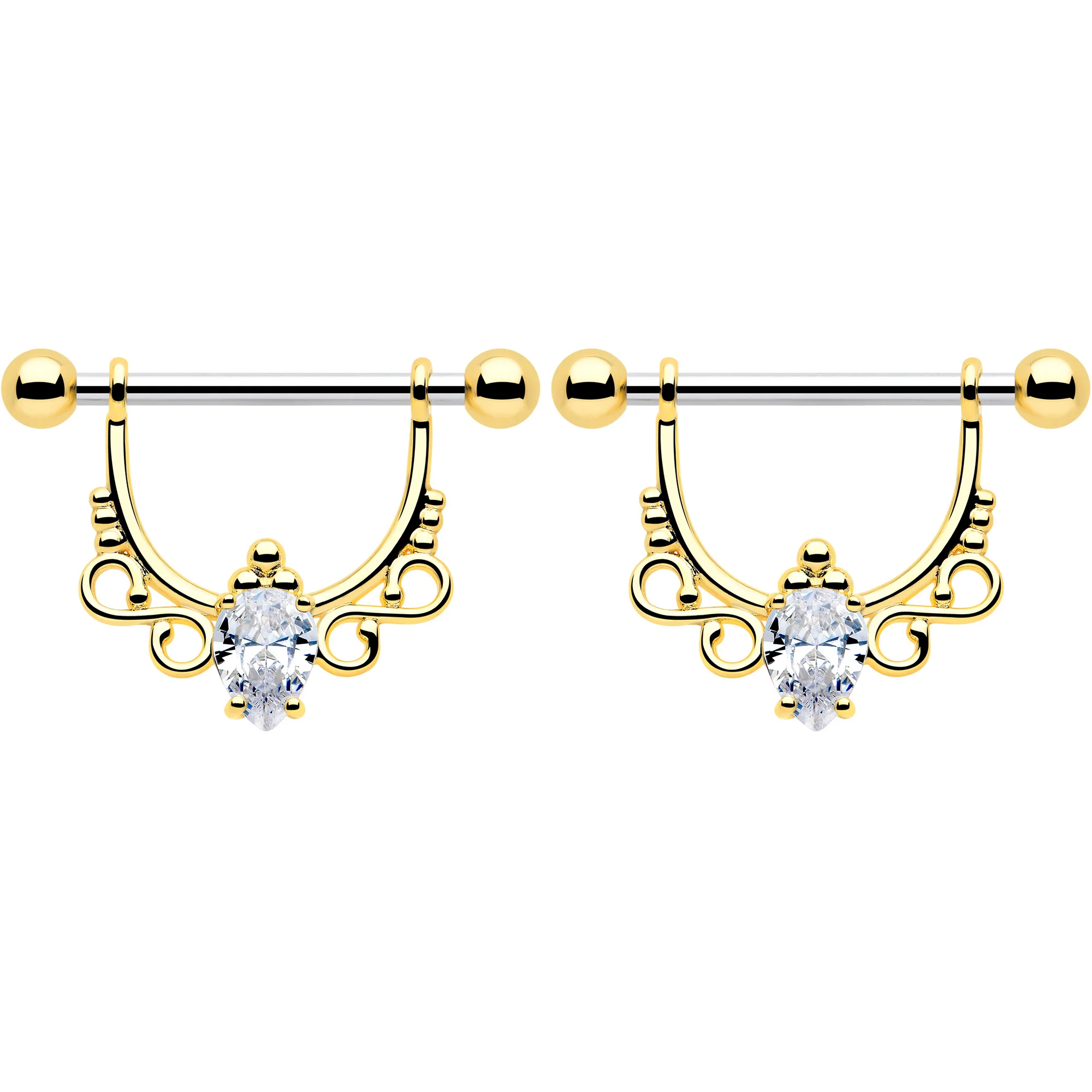 14G 9/16 Clear CZ Gem Golden Infinity Sign Dangle Nipple Ring Set - Image 4