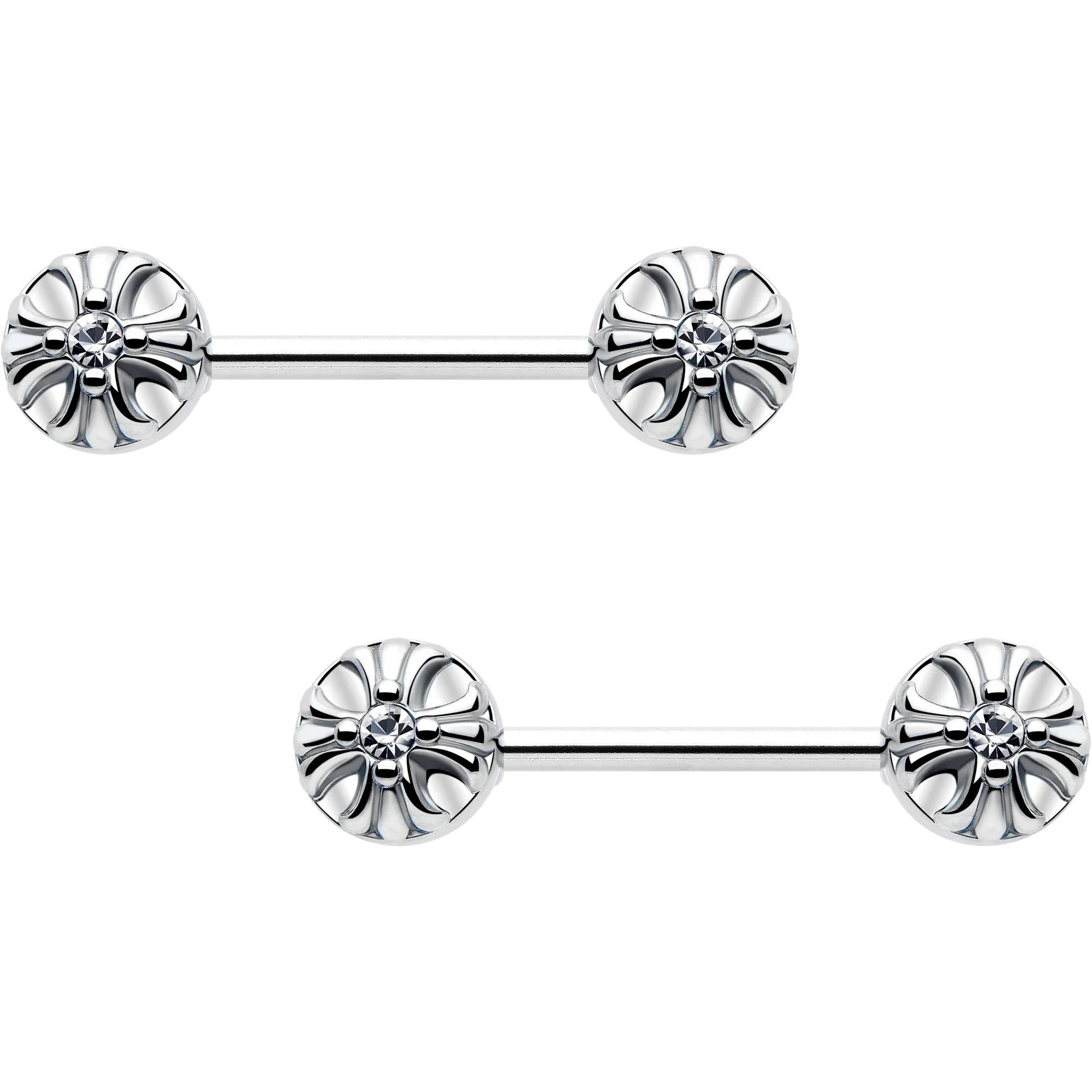 14G 9/16 Clear CZ Gem Simple Flower Barbell Nipple Ring Set