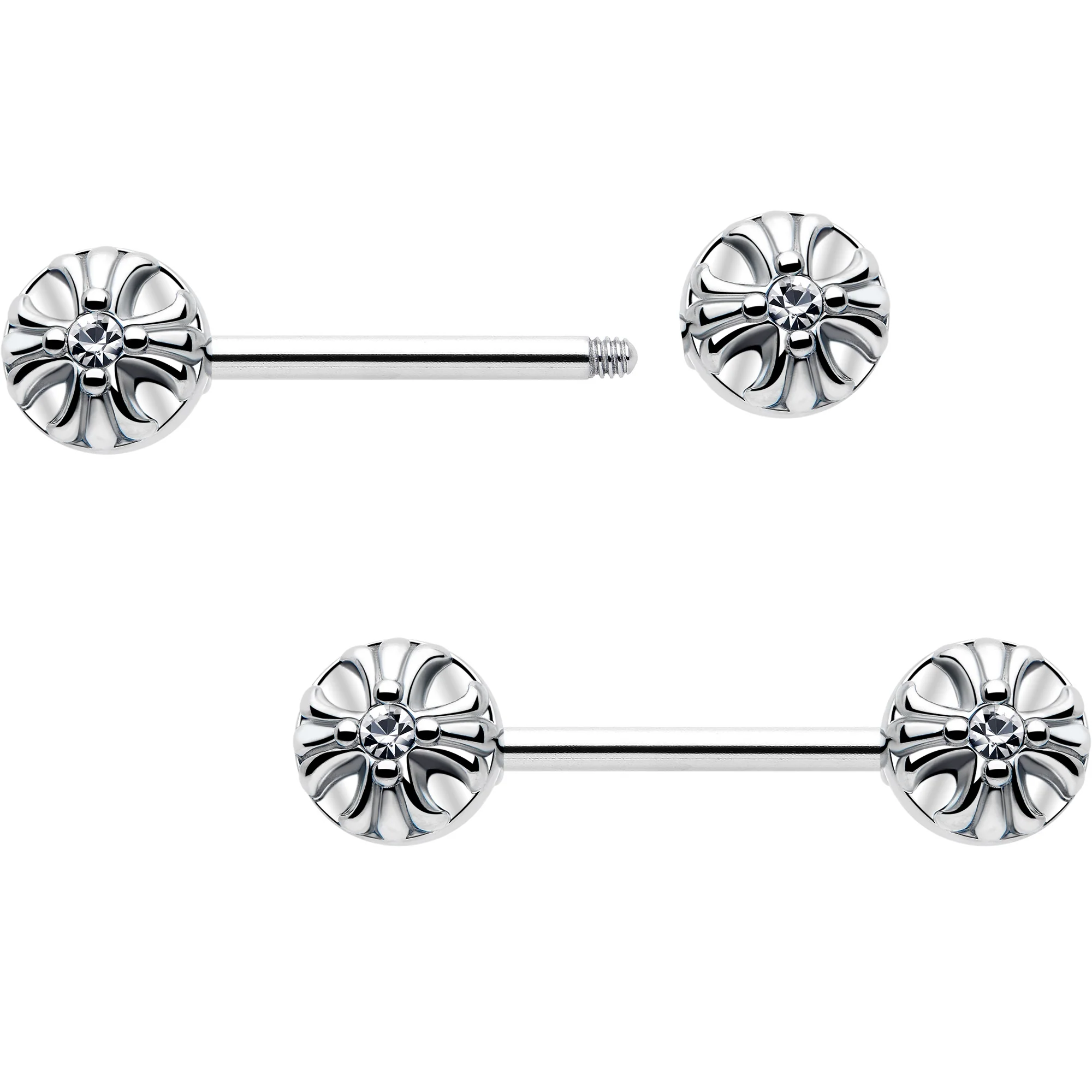 14G 9/16 Clear CZ Gem Simple Flower Barbell Nipple Ring Set - Image 2