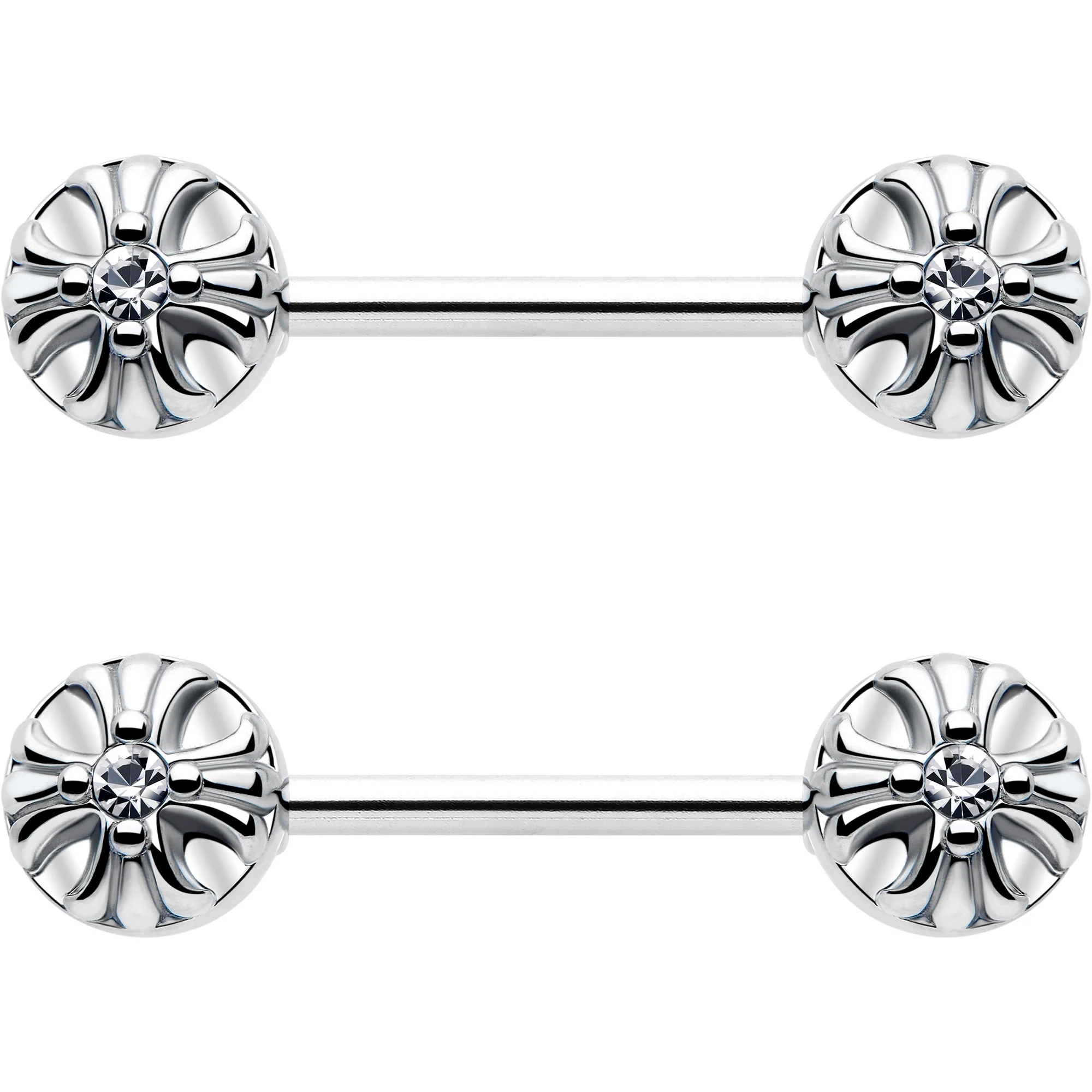 14G 9/16 Clear CZ Gem Simple Flower Barbell Nipple Ring Set - Image 3