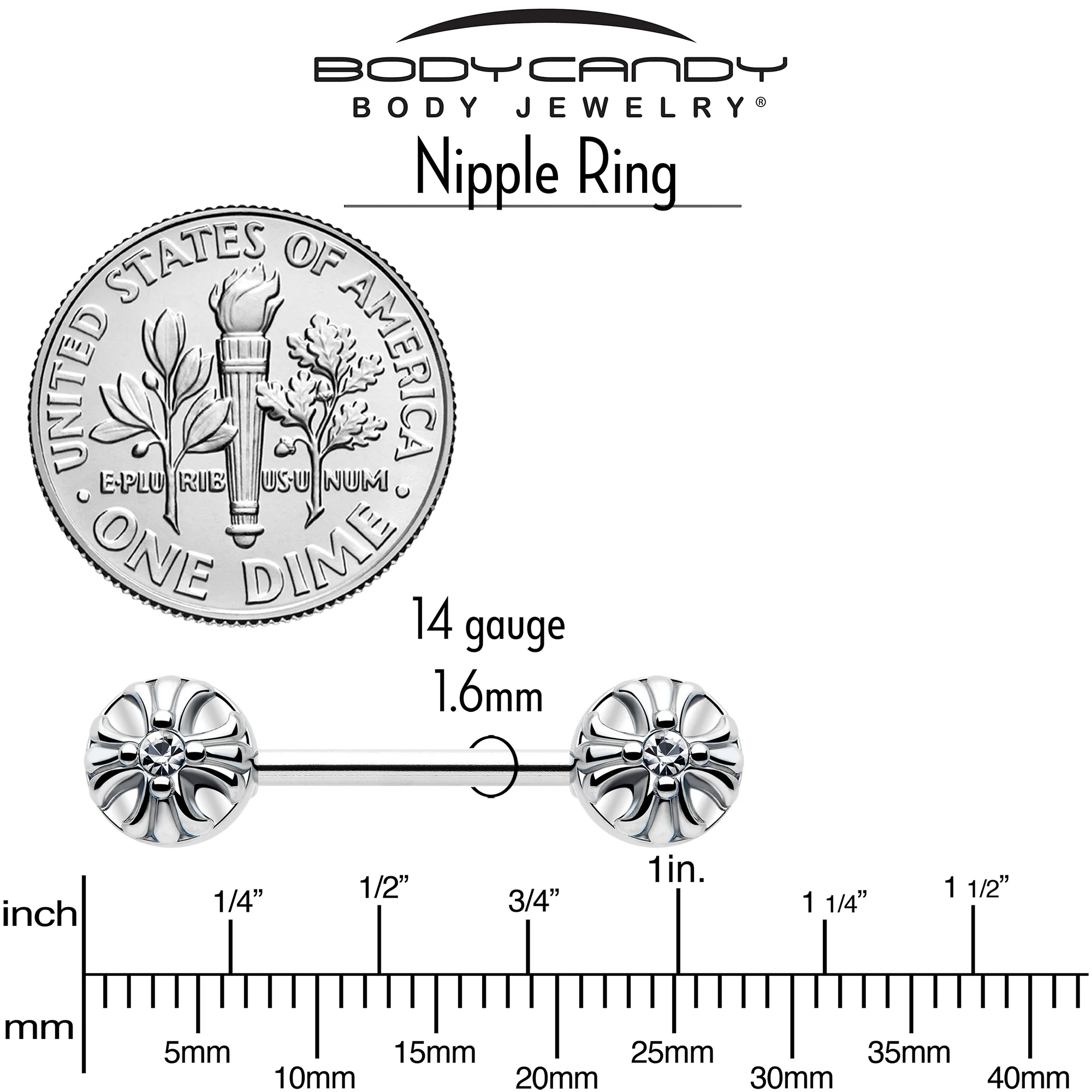 14G 9/16 Clear CZ Gem Simple Flower Barbell Nipple Ring Set - Image 5