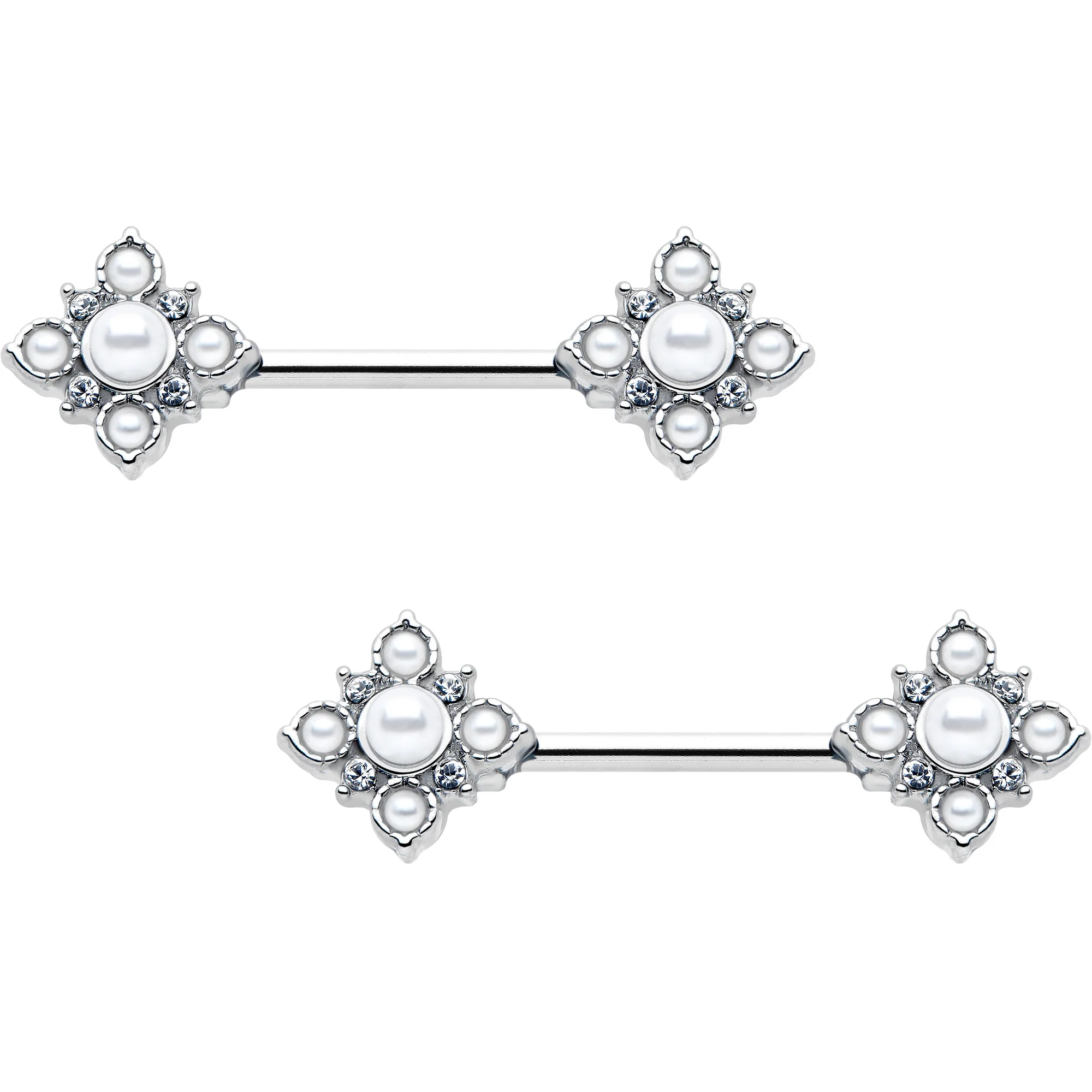 14G 9/16 Clear Gem White Faux Pearl Floral Bloom Barbell Nipple Ring Set