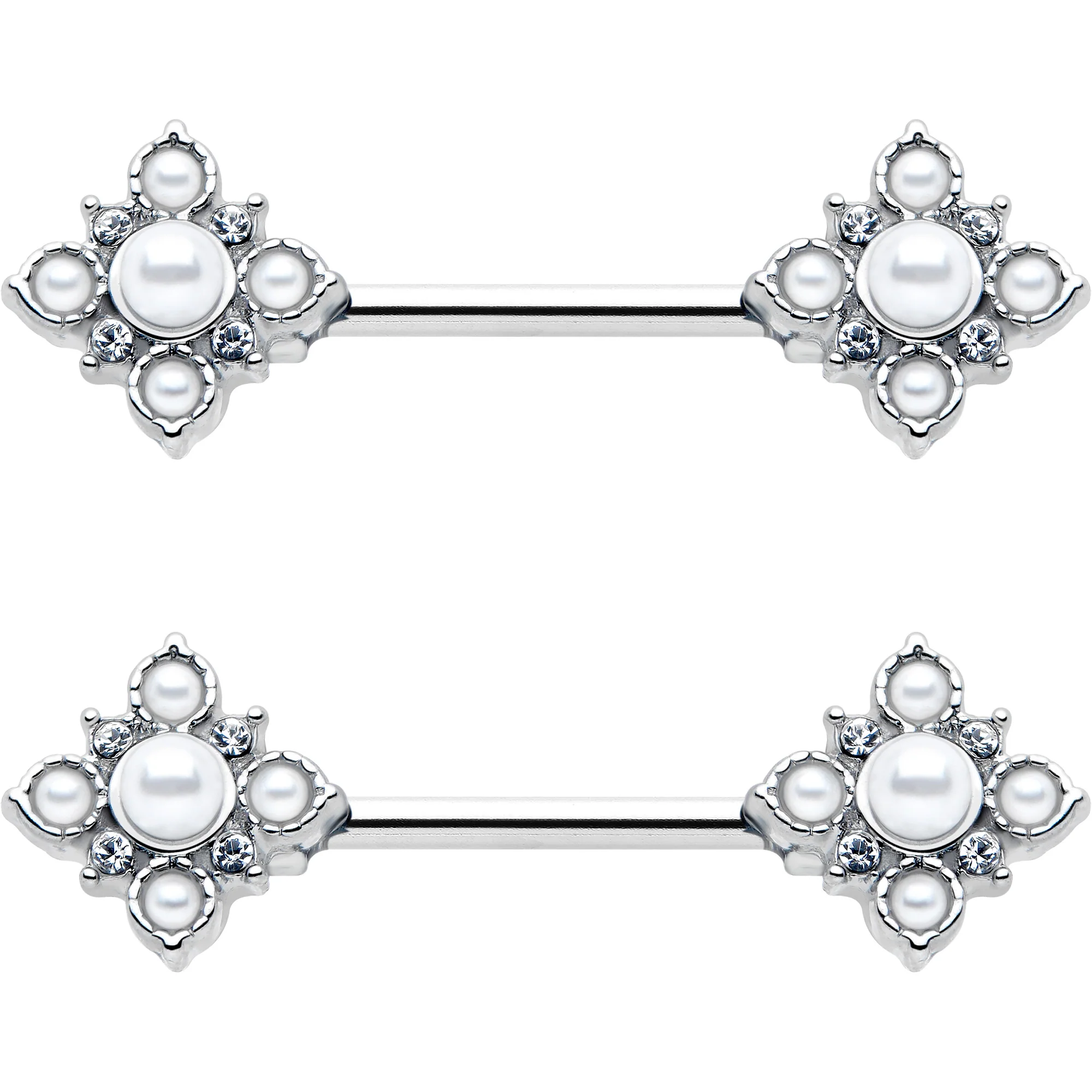 14G 9/16 Clear Gem White Faux Pearl Floral Bloom Barbell Nipple Ring Set - Image 3