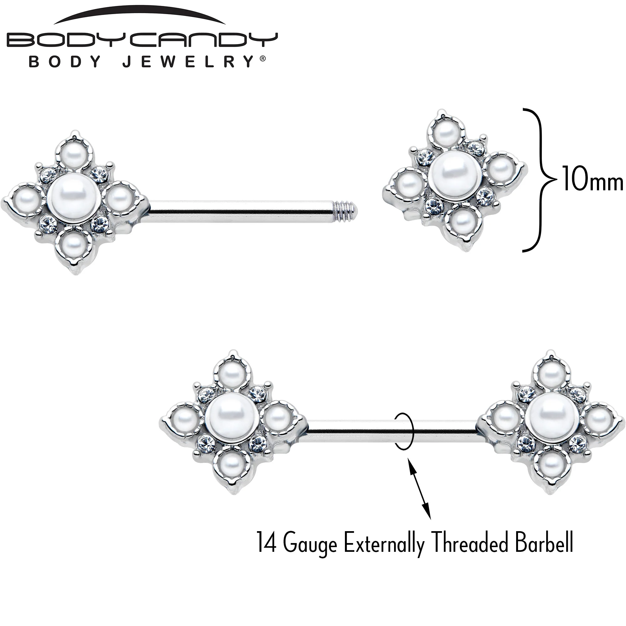 14G 9/16 Clear Gem White Faux Pearl Floral Bloom Barbell Nipple Ring Set - Image 4