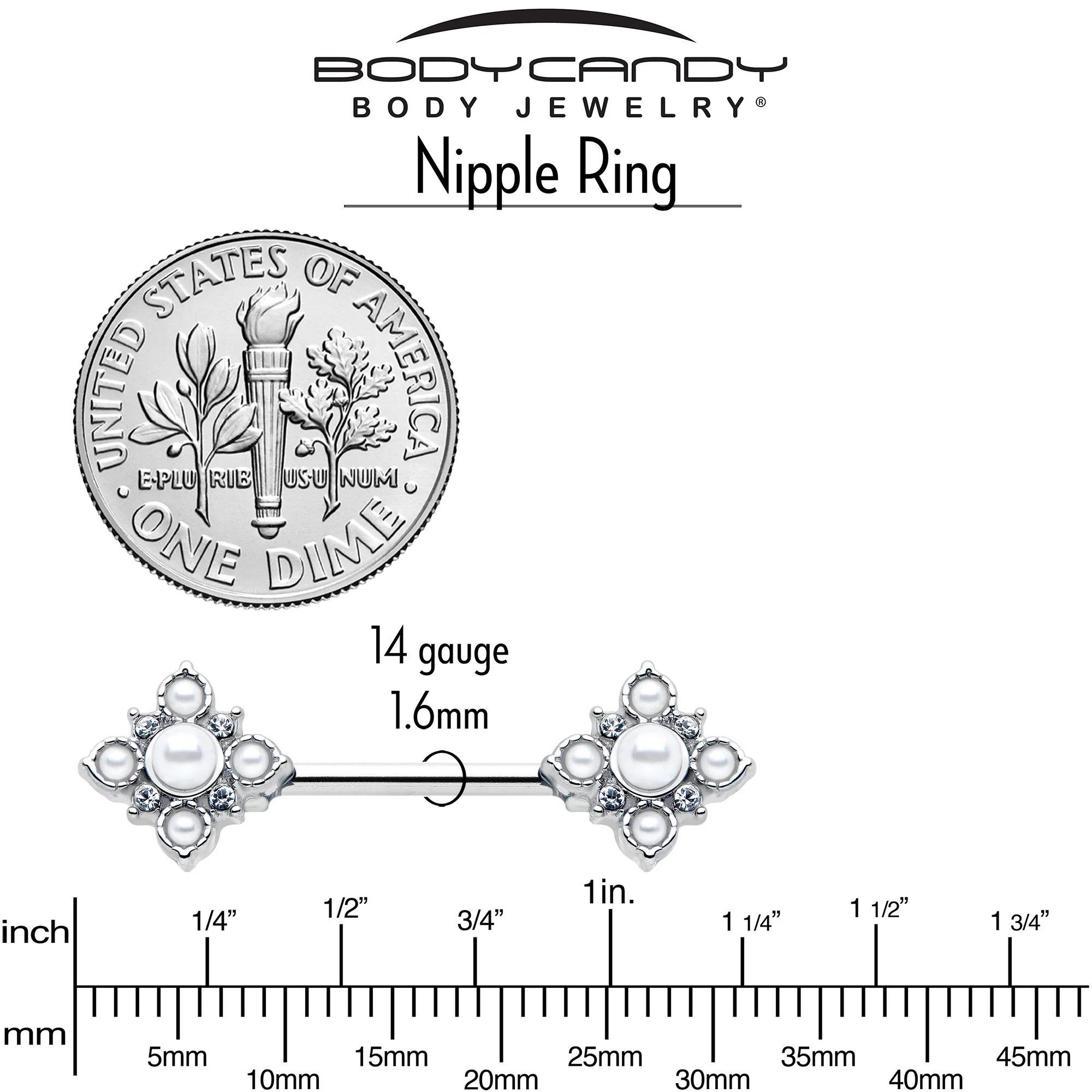 14G 9/16 Clear Gem White Faux Pearl Floral Bloom Barbell Nipple Ring Set - Image 5