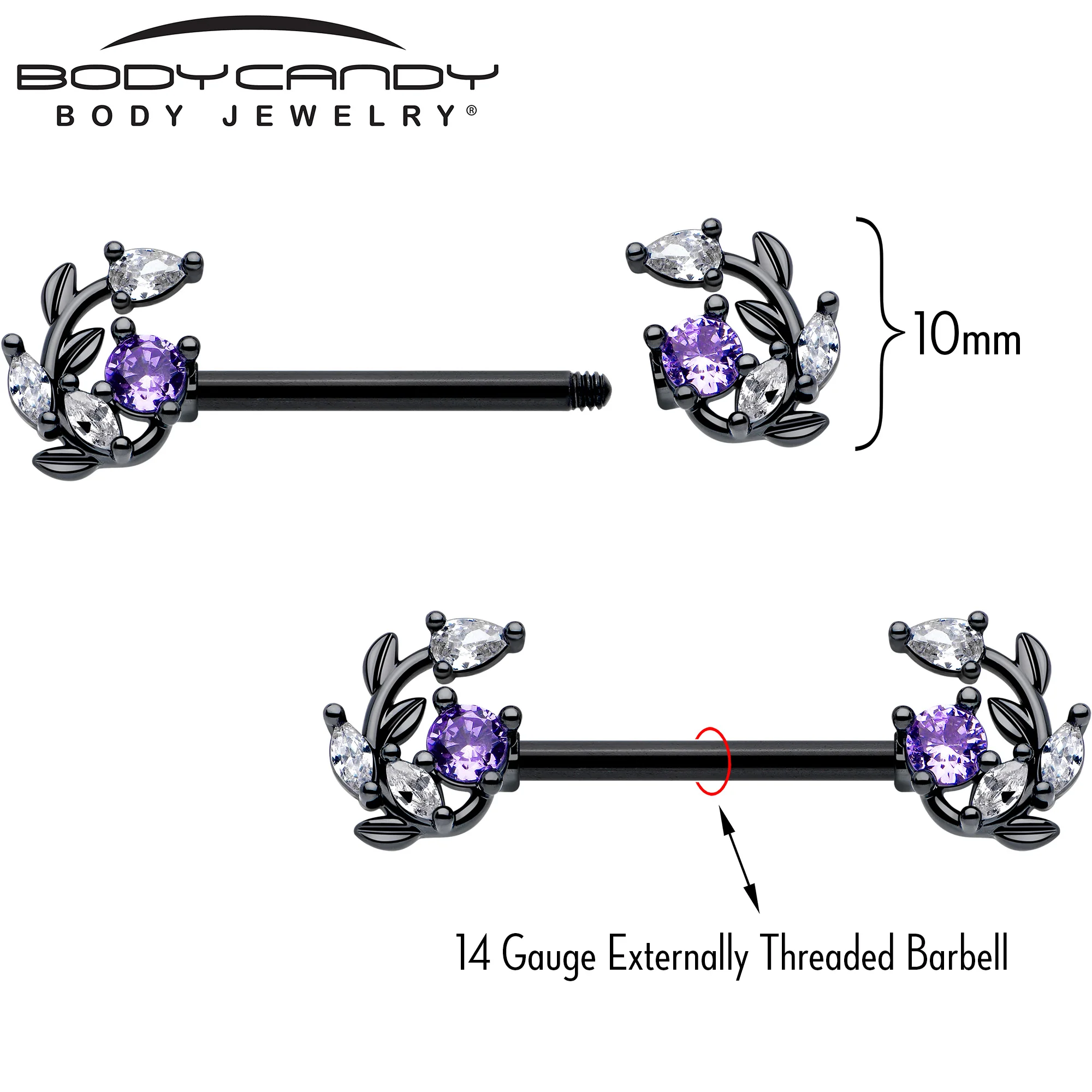 14G 9/16 Clear Purple Gem Black Twining Vine Barbell Nipple Ring Set - Image 4