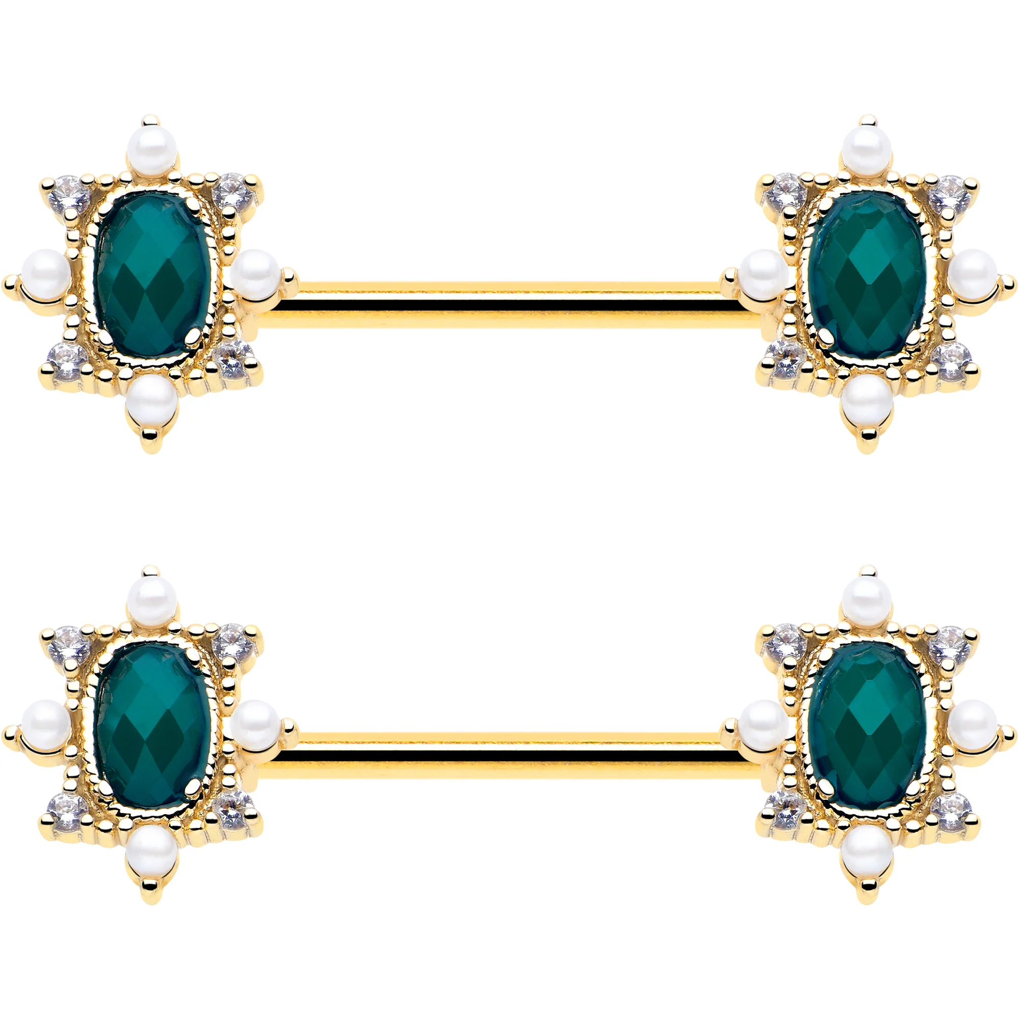 14G 9/16 Green CZ Gem Gold Tone Royal Beauty Barbell Nipple Ring Set - Image 3