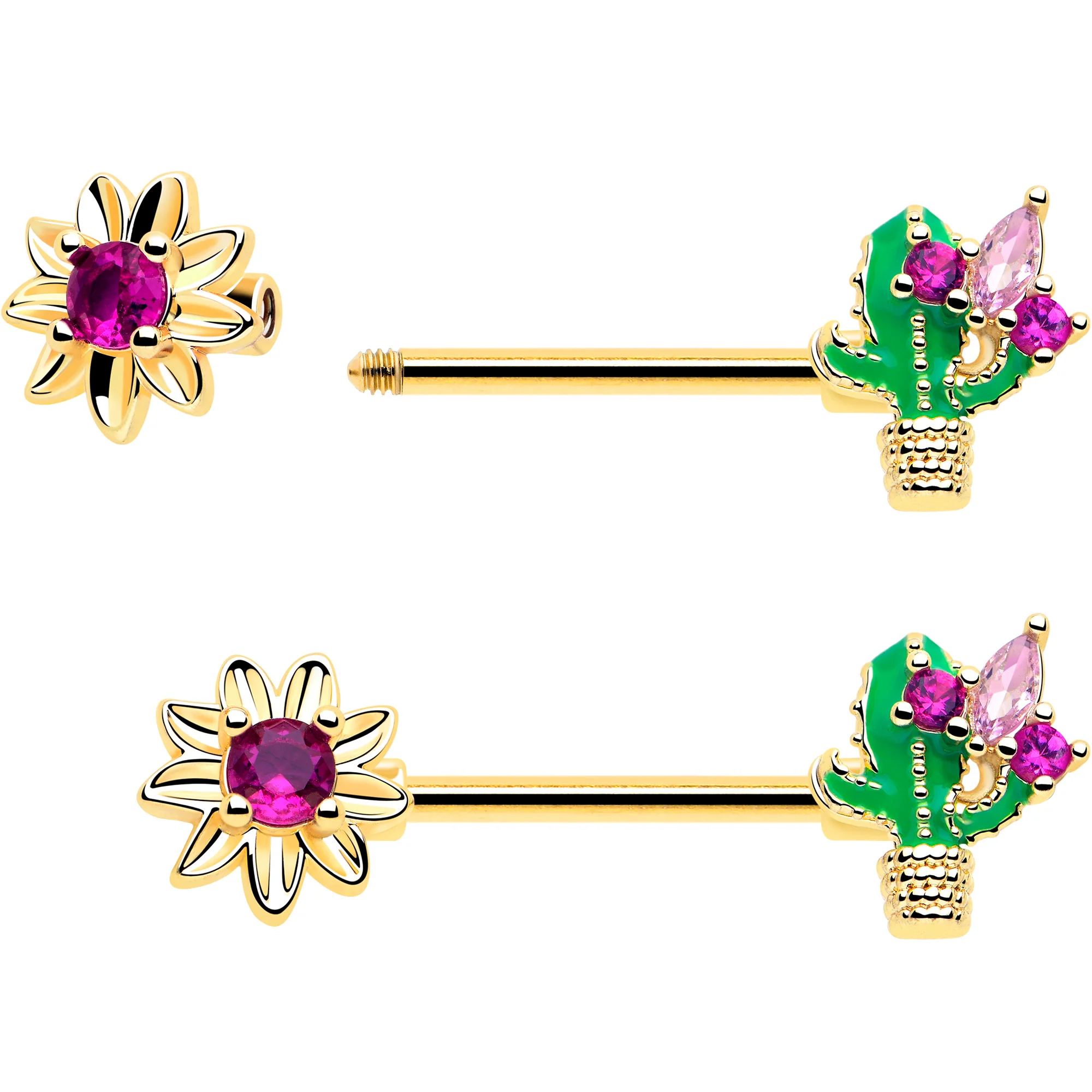 14G 9/16 Pink CZ Gem Gold Tone Floral Cactus Barbell Nipple Ring Set - Image 2