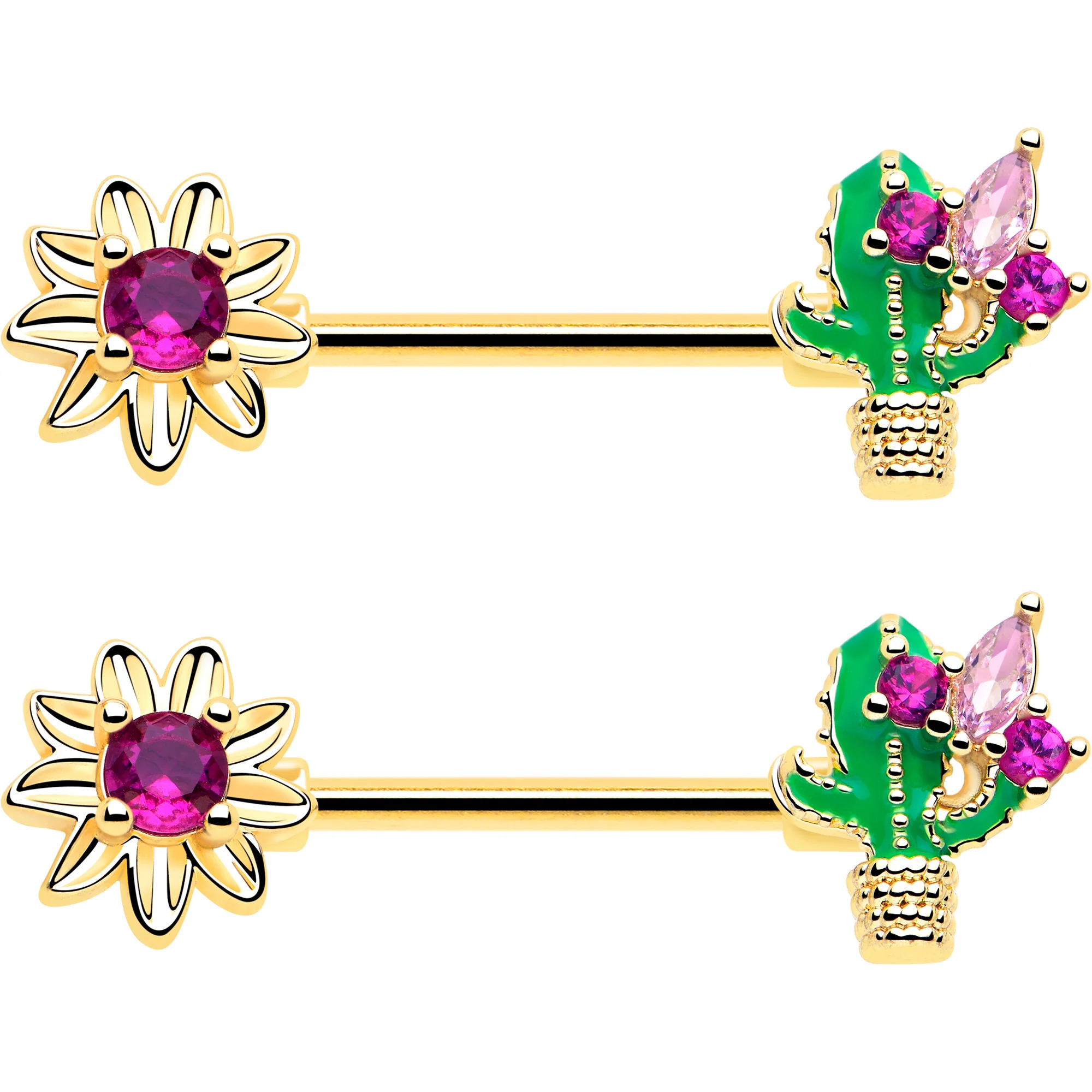 14G 9/16 Pink CZ Gem Gold Tone Floral Cactus Barbell Nipple Ring Set - Image 3