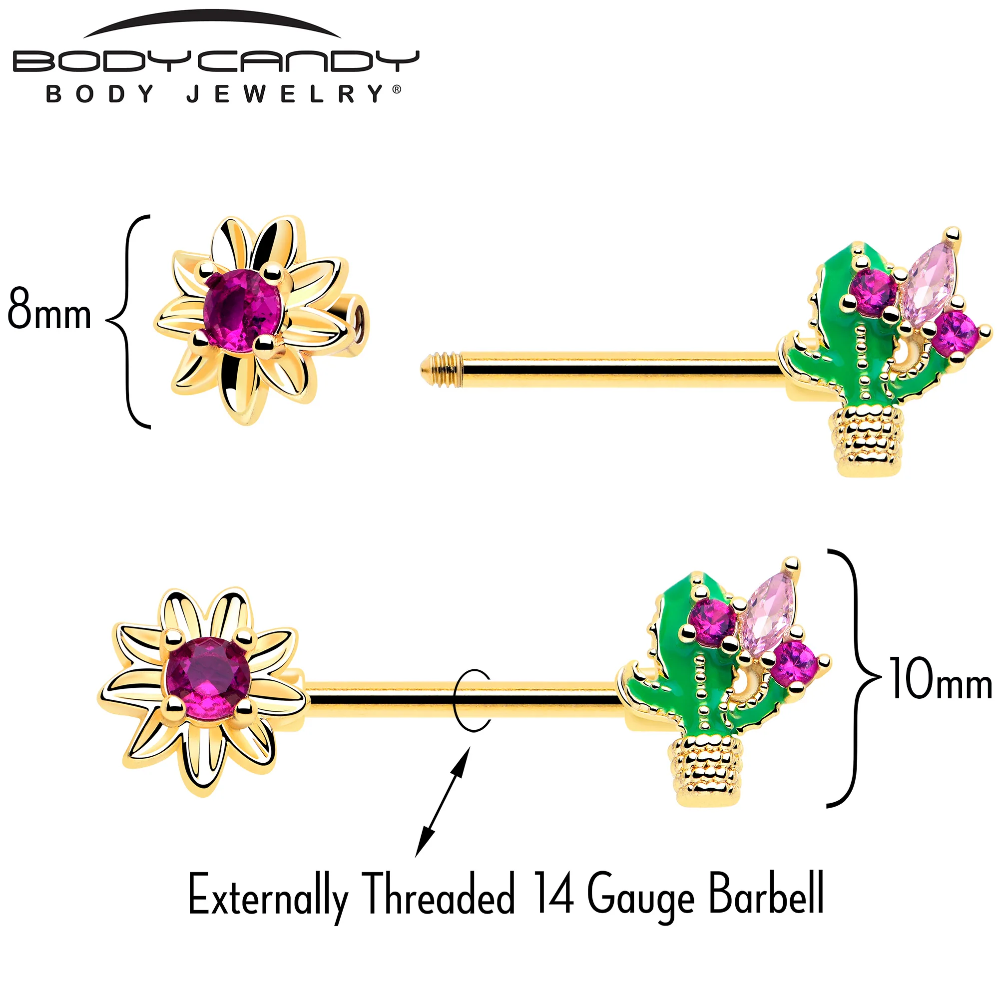 14G 9/16 Pink CZ Gem Gold Tone Floral Cactus Barbell Nipple Ring Set - Image 4