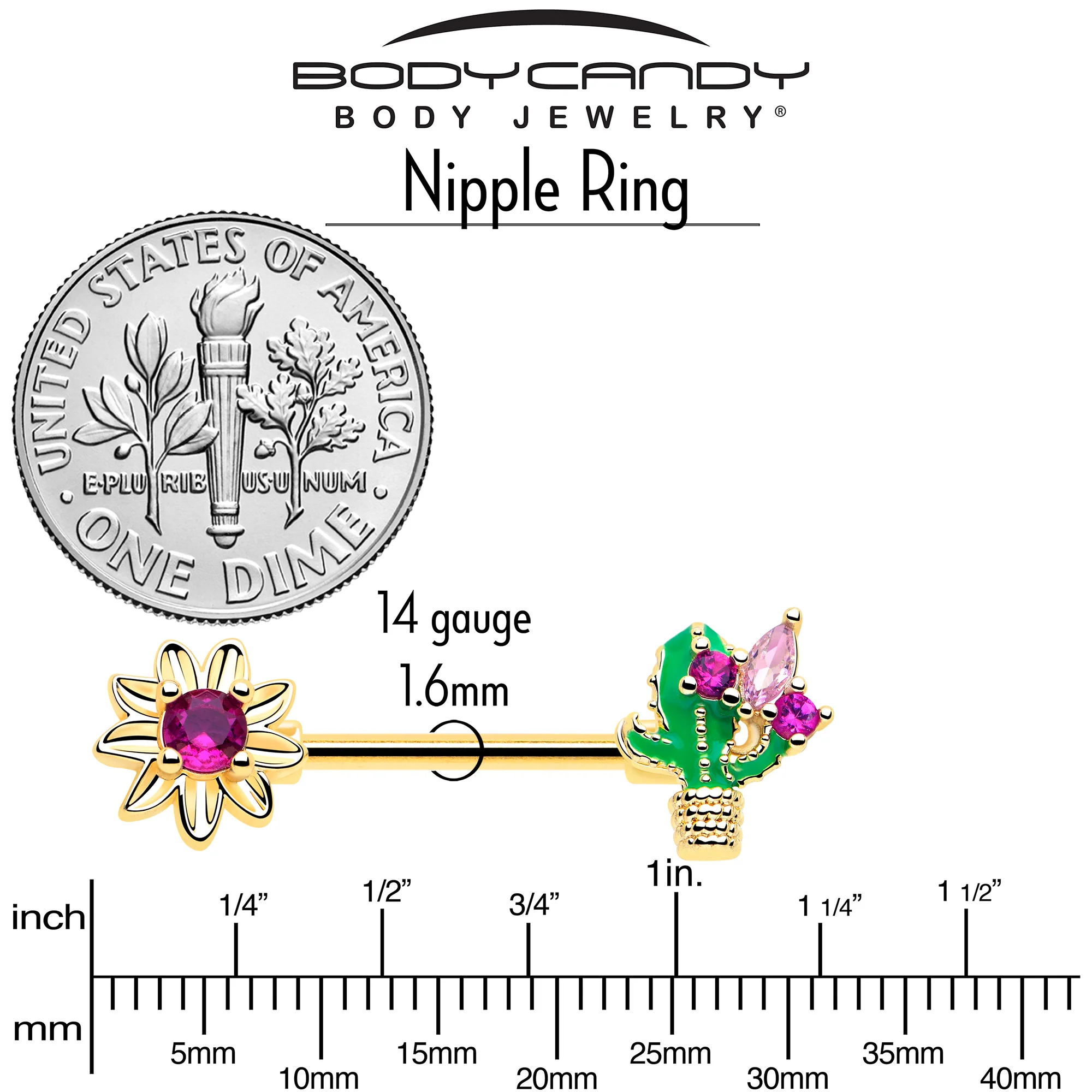 14G 9/16 Pink CZ Gem Gold Tone Floral Cactus Barbell Nipple Ring Set - Image 5