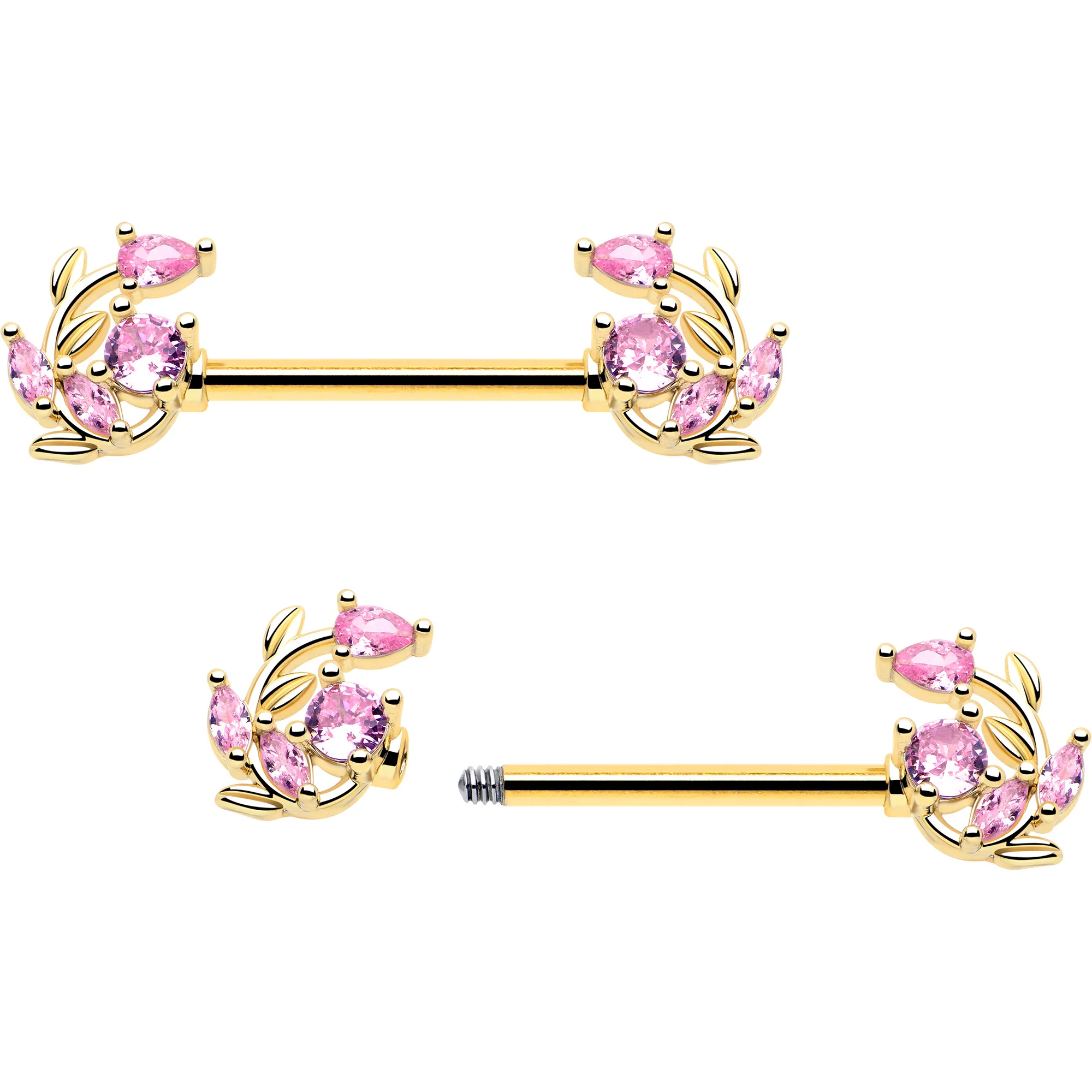 14G 9/16 Pink Gem Gold Tone Twining Vine Barbell Nipple Ring Set - Image 2
