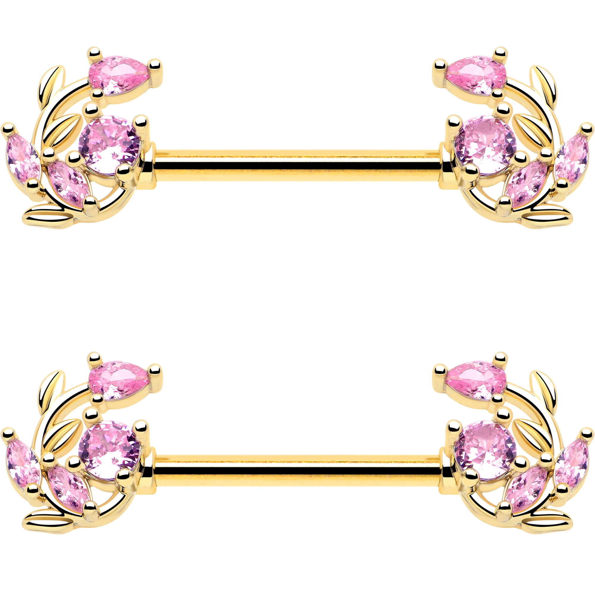 14G 9/16 Pink Gem Gold Tone Twining Vine Barbell Nipple Ring Set - Image 3