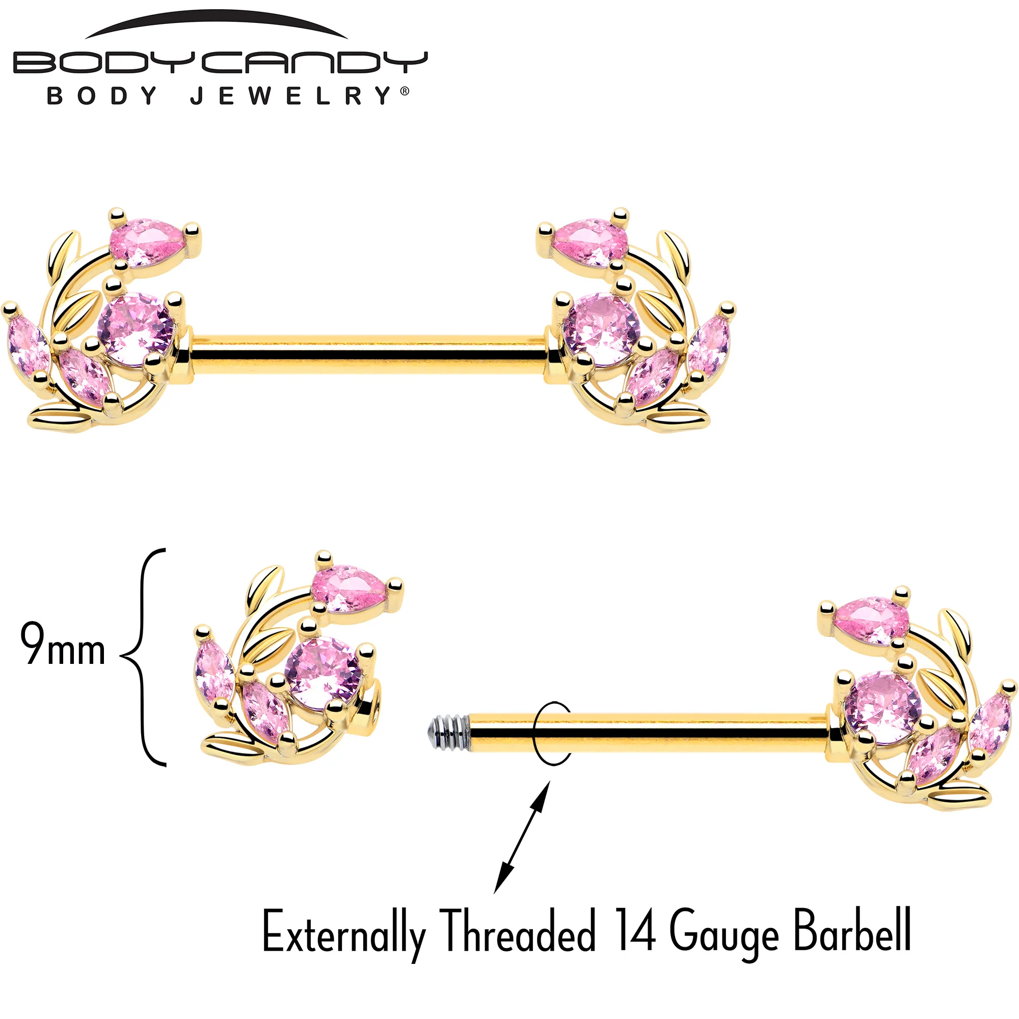14G 9/16 Pink Gem Gold Tone Twining Vine Barbell Nipple Ring Set - Image 4