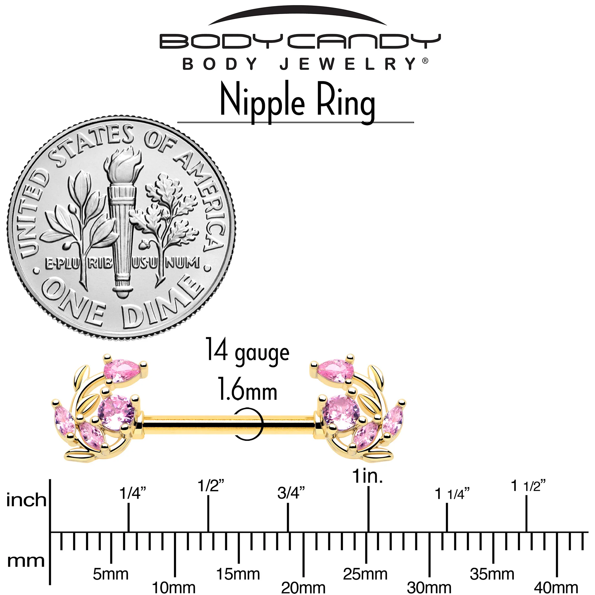 14G 9/16 Pink Gem Gold Tone Twining Vine Barbell Nipple Ring Set - Image 5