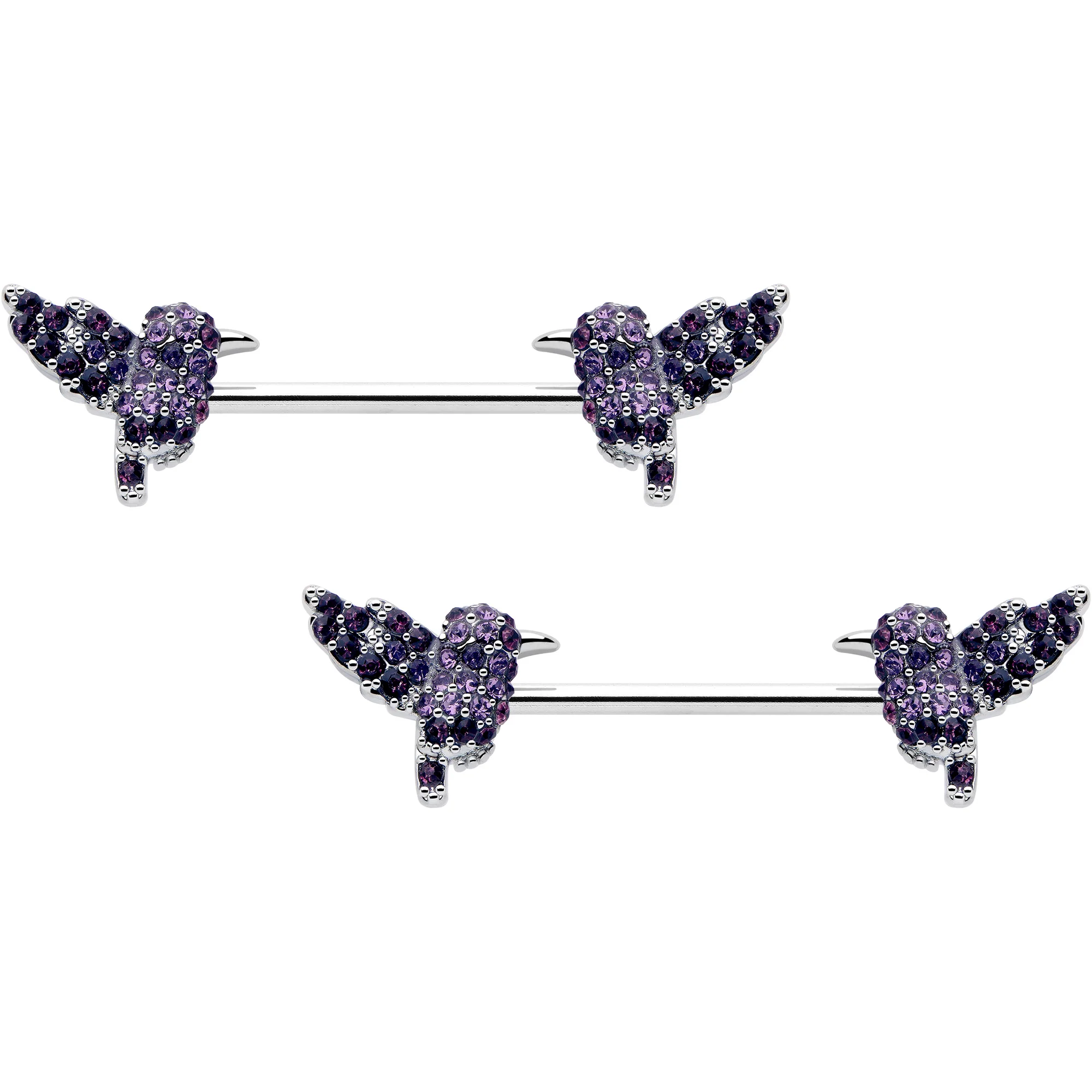 14G 9/16 Purple Gem Hummingbird Flair Barbell Nipple Ring Set