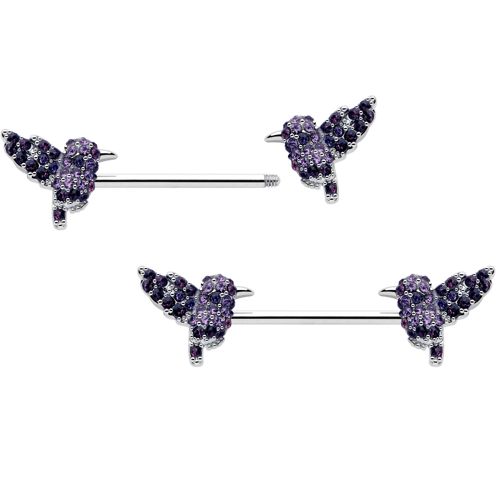 14G 9/16 Purple Gem Hummingbird Flair Barbell Nipple Ring Set - Image 2