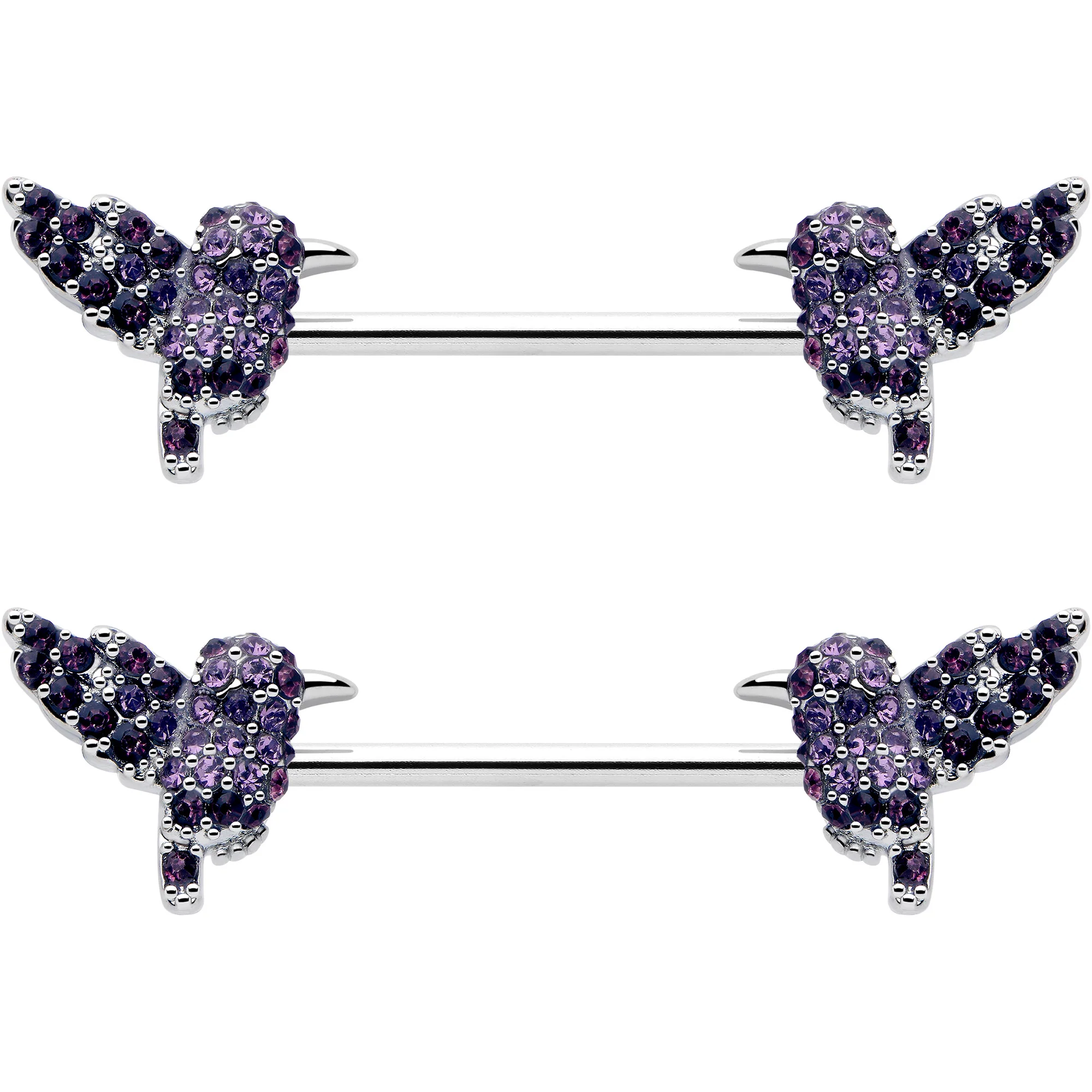 14G 9/16 Purple Gem Hummingbird Flair Barbell Nipple Ring Set - Image 3